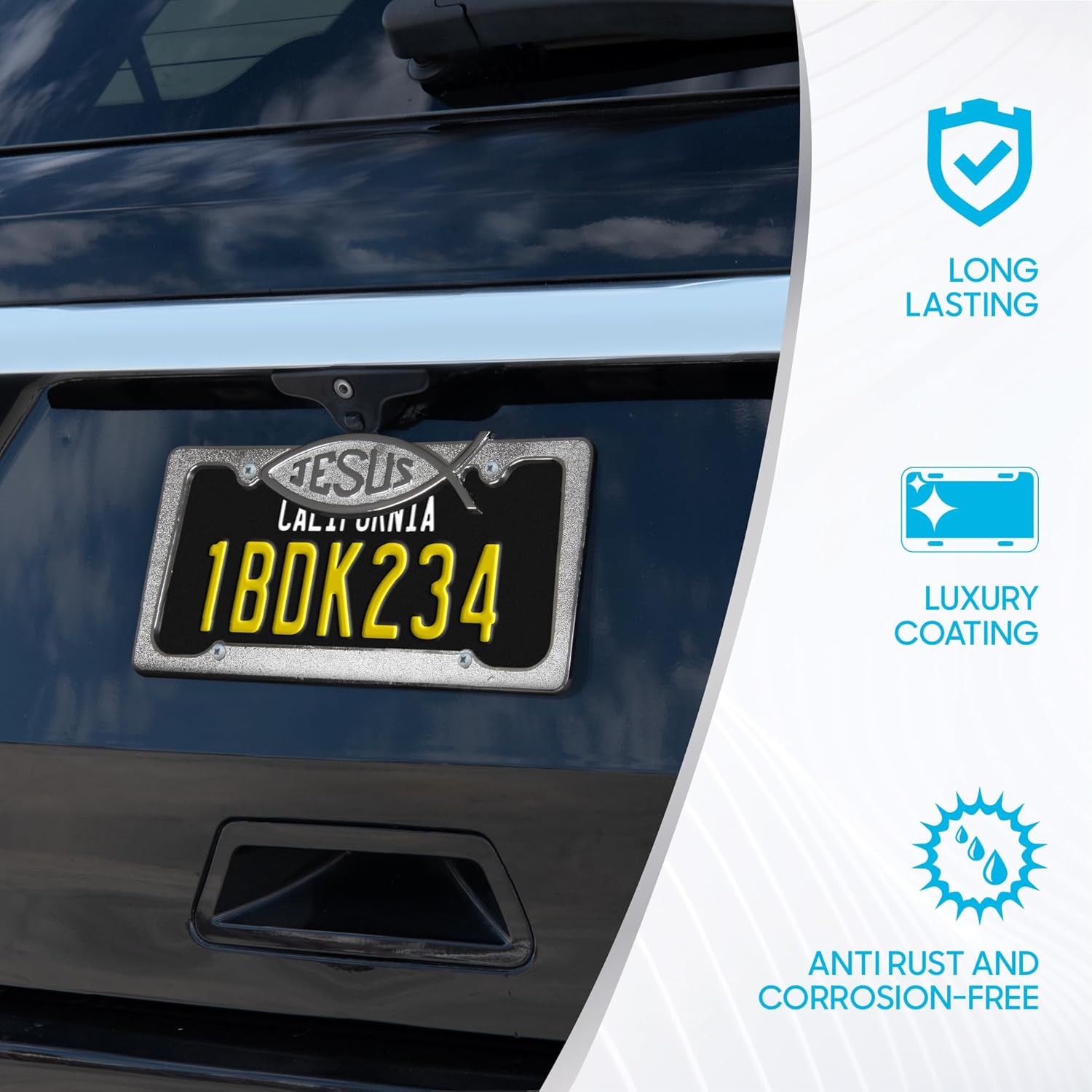 BDK Heavy Duty Rust-Proof Stainless Steel Metal Chrome Christian Spiritual Jesus Fish License Plate Frame Universal Fit for Car Truck SUV (Pack of 2)