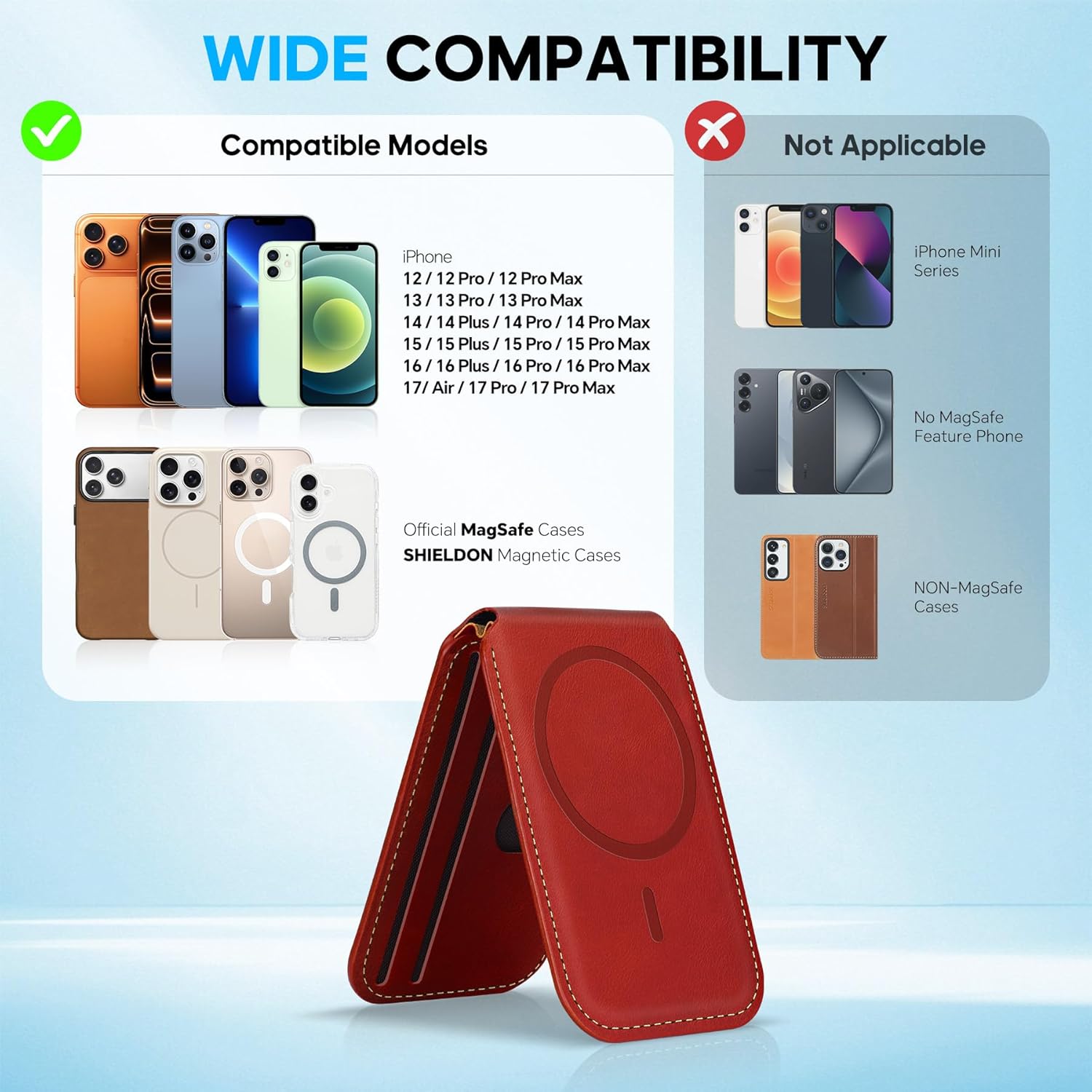 SHIELDON Genuine Leather Strong Magnetic Card Holder for MagSafe, Phone Wallet Stand, Angle Adjustment RFID Blocking 6 Cards Magnet Wallet Compatible with iPhone 17/16/15/14/13/12 Series - Red - Image 9