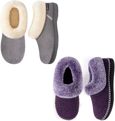 EverFoams Womens Set of 2 Pairs - Womens Bootie Slippers Size 10, Purple - Microsuede Cozy Memory Foam Slippers Size 9, Grey