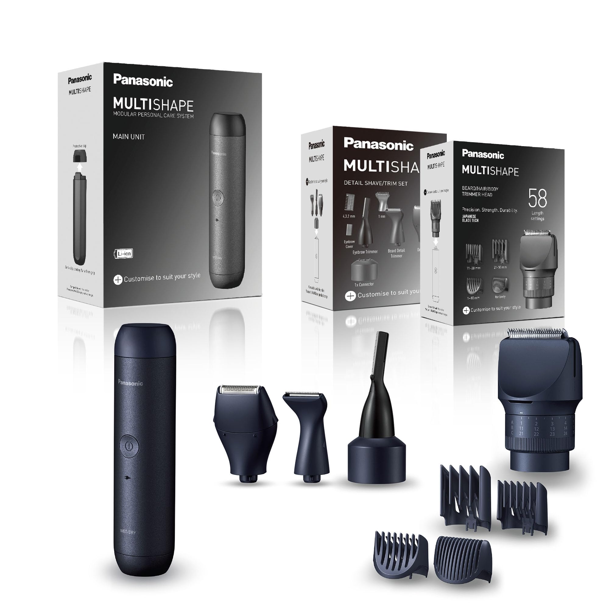 Panasonic MULTISHAPE ER-CBL1, ER-CDT1 & ER-CTW1 Set, Unidad principal para MULTISHAPE, Cabezales de Afeitado y Recorte Detallado, Cortabarbas y cortapelos con batería recargable de ion-litio, Negro