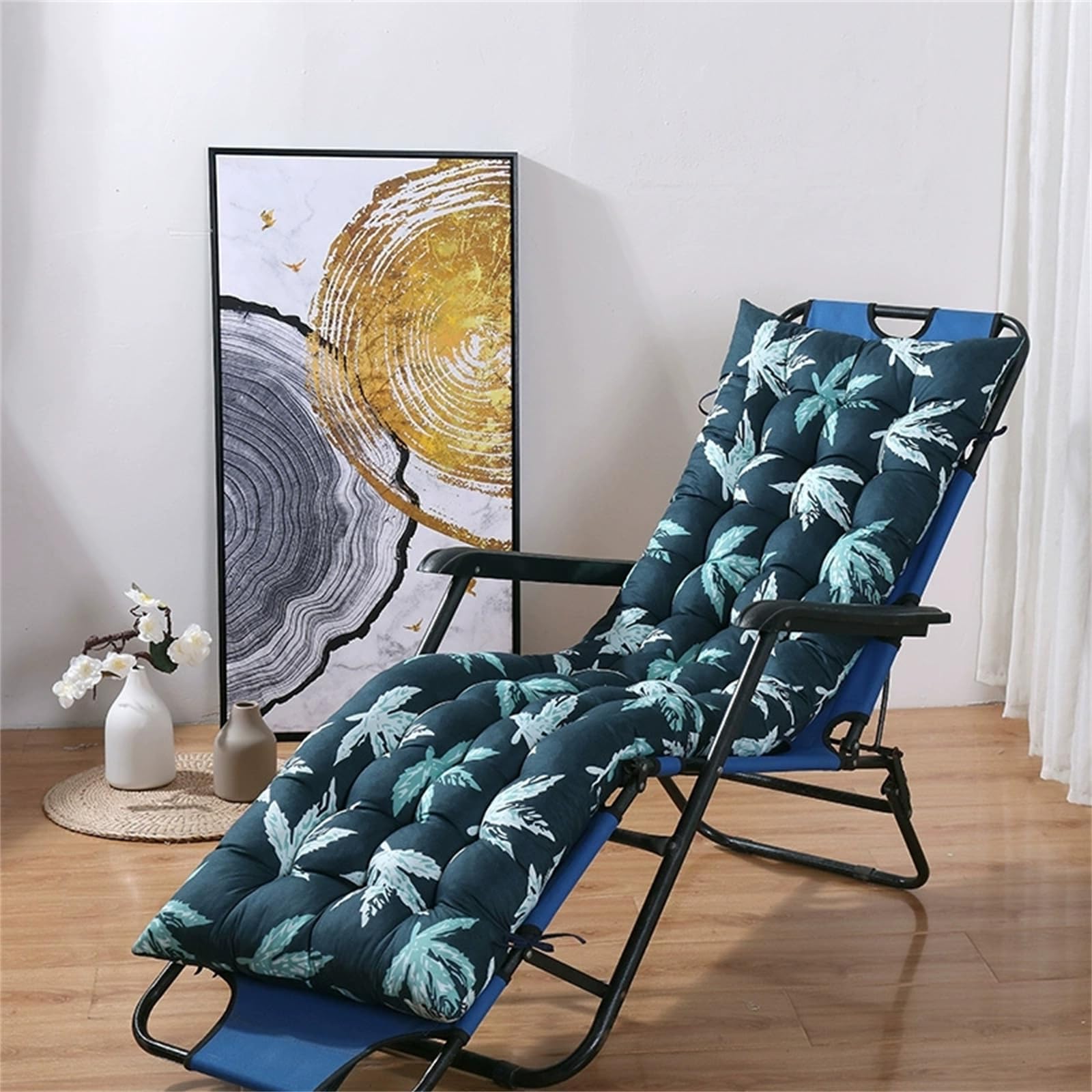 DOTBUY-SHOP Plant Flower Print Sun Lounger Cushion, Thicken Garden Chair Cushions, Anti-Slip Seat Pads with Straps, for Indoor Outdoor Patio Yard Garden Furniture Chair Pads (Green Leaves,48x170cm)