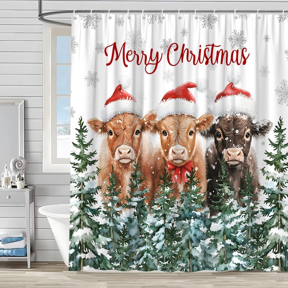Winter Forest Shower Curtain Merry Christmas Highland Cow Snowflake Pine Trees Funny Farmhouse Animal Fir Xmas Holiday Watercolor Boy Girl Bathroom Accessories Set Polyester with Hook 70Wx90H Inch