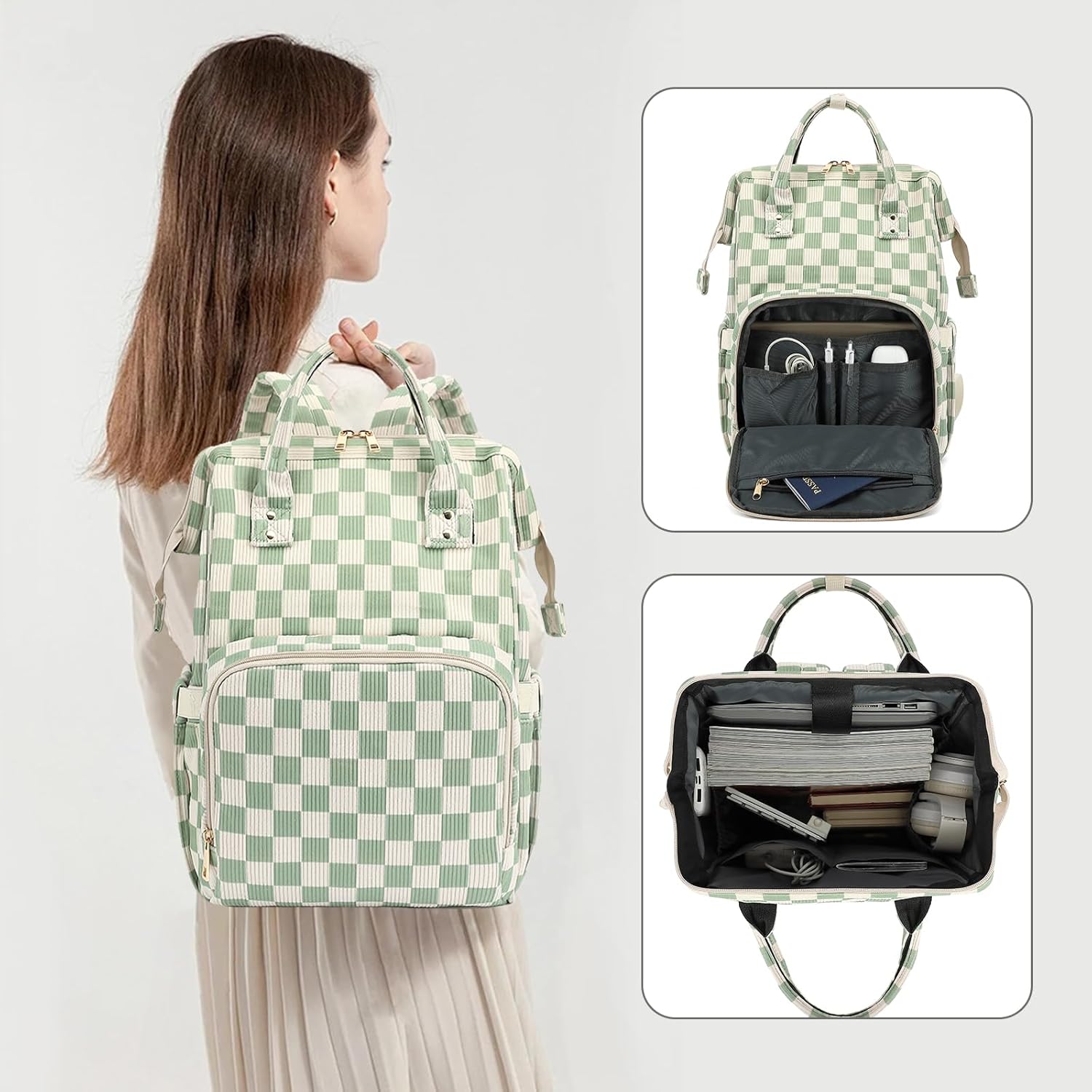 Laptop Backpack for Women, Corduroy College School Backpack Bookbag 15.6 inch Business Computer Travel Backpack (Checkered Green) - Image 2