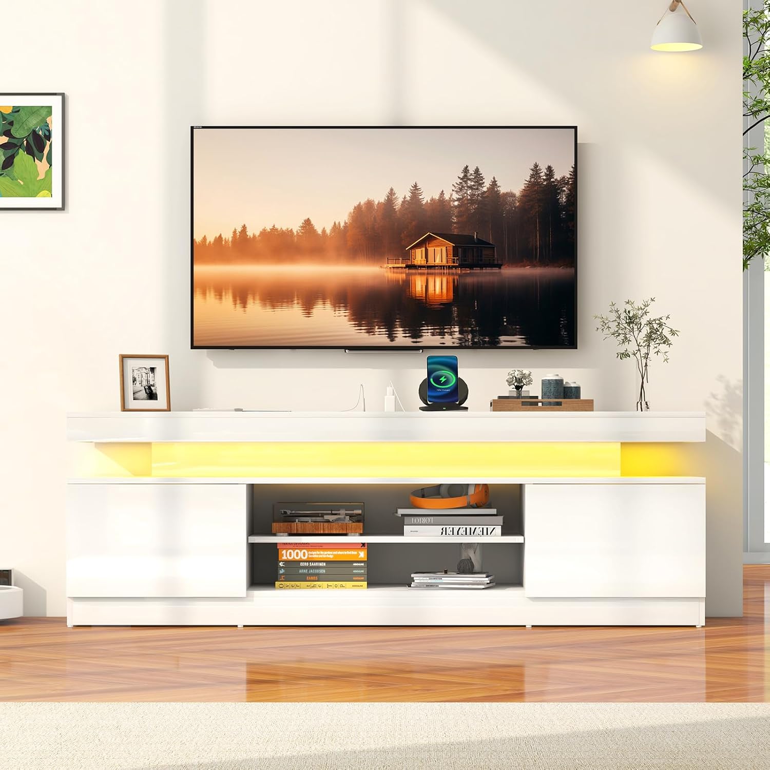 Verano Garden 63" LED TV Stand for 75 Inch TV, High Gloss Entertainment Center with Power Outlet & Light, Modern TV Media Console with 2 Storage Cabinets & Open Shelf for Living Room, Bedroom, White