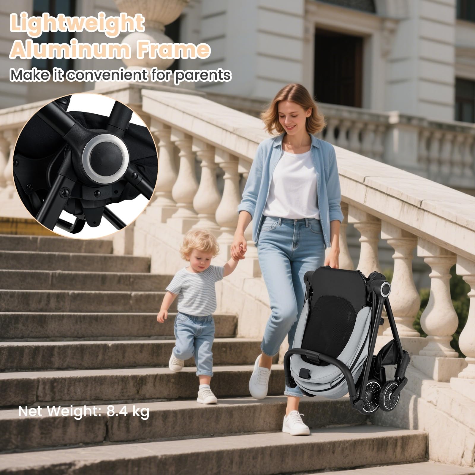 LIFEZEAL Passeggino Ultraleggero per Bambini 0-36 Mesi, Portata 30kg, Passeggino Compatto a Ombrello, Viaggio, Aereo, Pieghevole, Regolabile, Reversibile, Cintura di Sicurezza, Ruote, Freno, Parasole