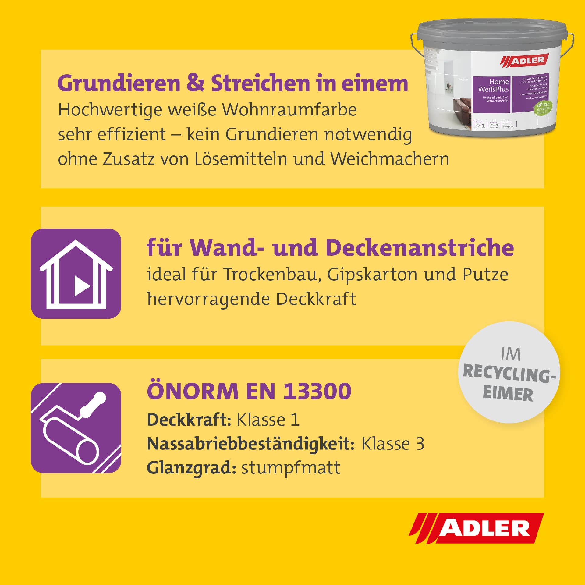 ADLER Aviva Home-Weiß Plus - 9 Liter - Wandfarbe mit Grundierung, Trockenbaufarbe, für Gipskarton und glatte Putze, lösemittelfrei