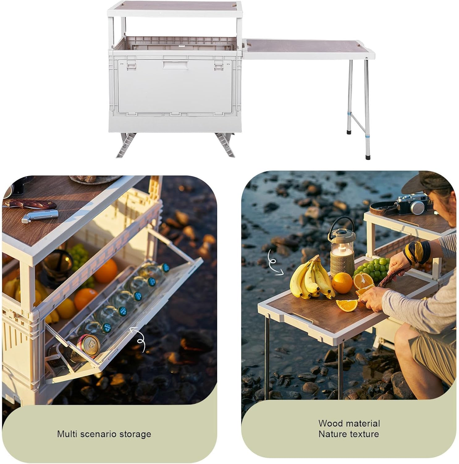 AUNMAS Folding Storage Camping Box with Table, Multi Functional Camp Collapsible Bins for Patio BBQ Picnic Glamping Traveling (White)