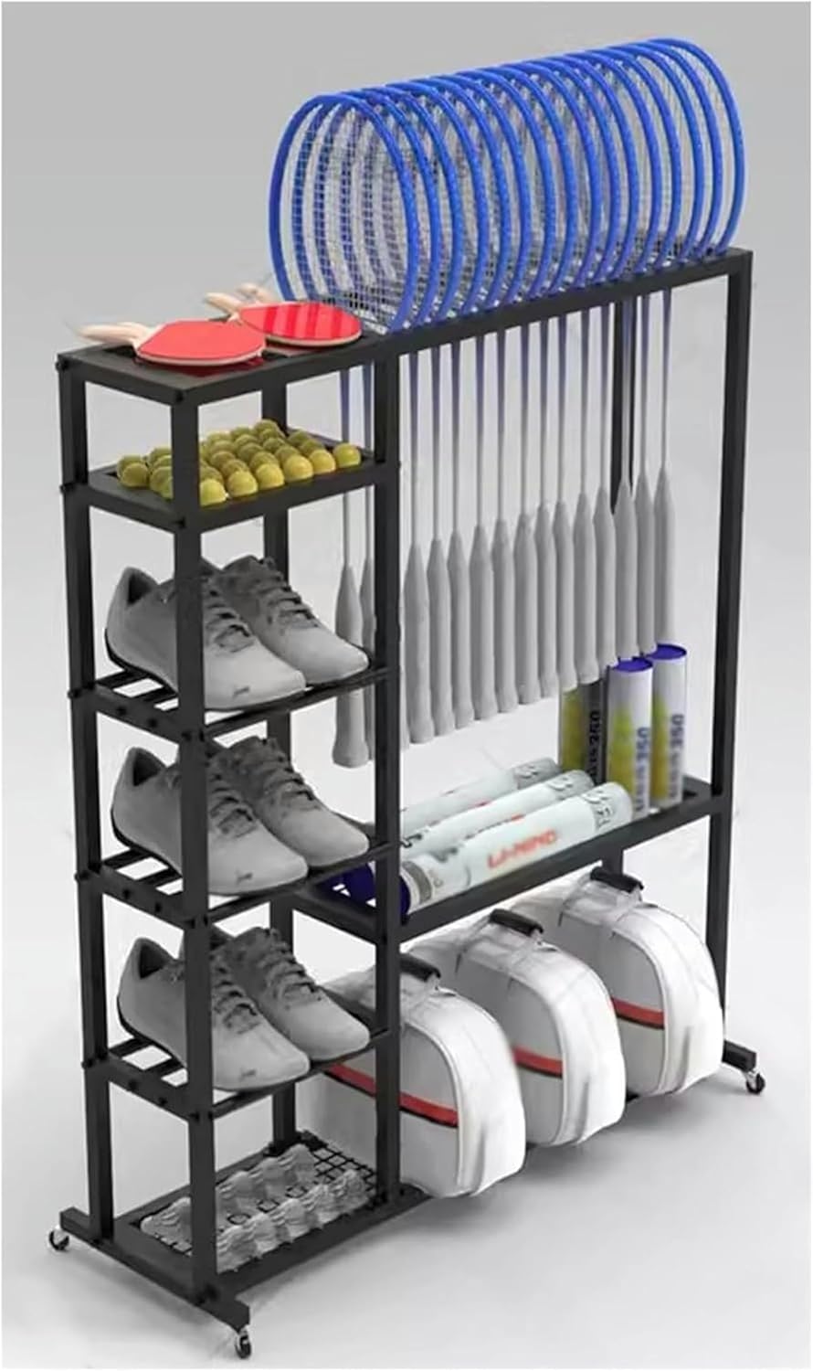 Mobile Badminton Racket Organizer Cart, Heavy Duty Steel Tennis Racquets Storage Rack, Kids Adult Table Tennis Display Stand, for Home/Gym/Garage/KindergarteClubs