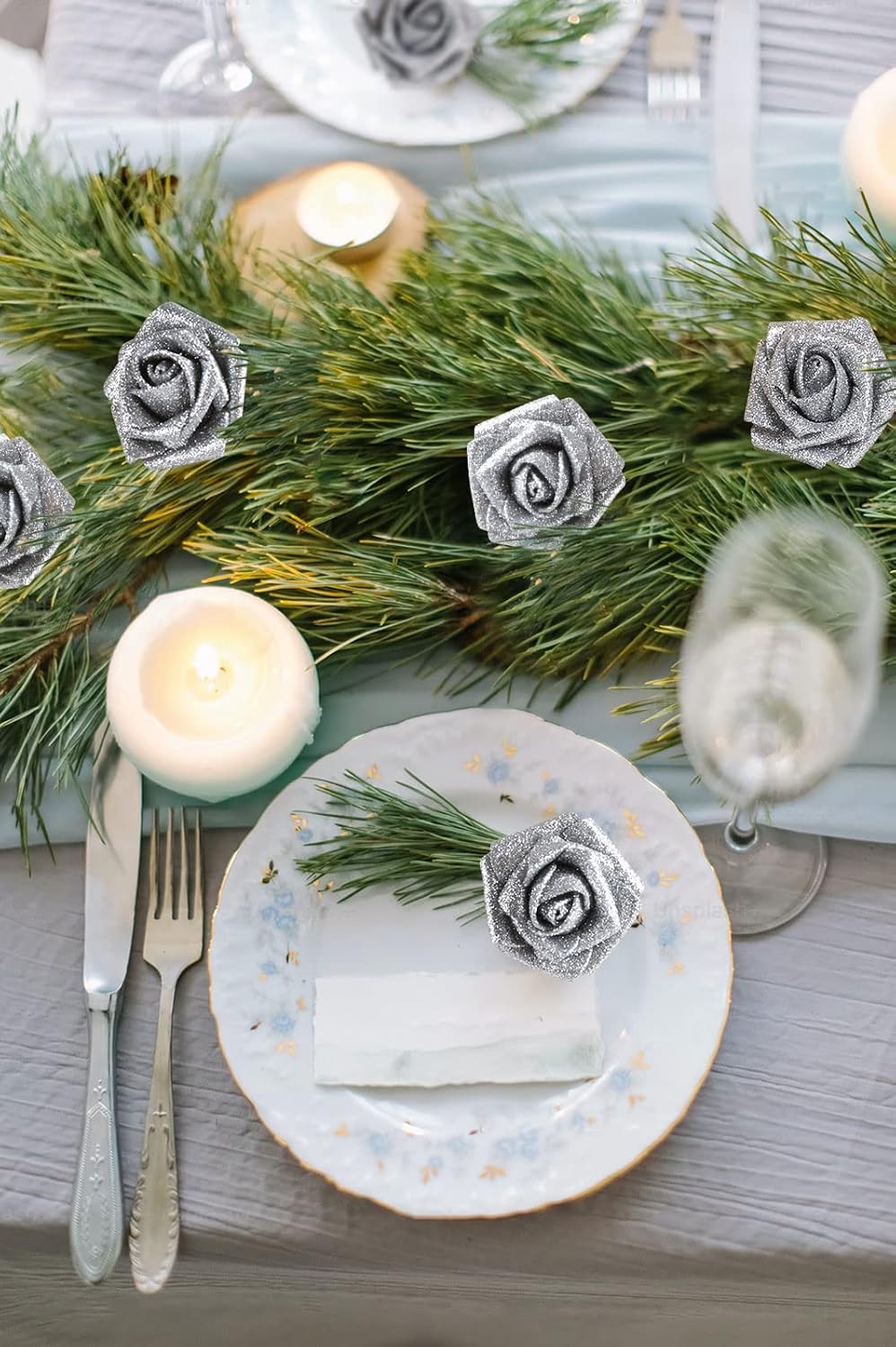 Artificial Flowers 30 PCS Silver Glitter Foam Artificial Flowers with Stem, Glitter Roses Shiny Flowers for DIY Wedding Bouquets Party Home Decor(Silver) - Image 7