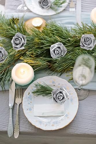 Miniatura 7 de Flores artificiales plateadas, 30 unidades, flores artificiales de espuma con purpurina plateada con tallo, rosas con purpurina, flores plateadas