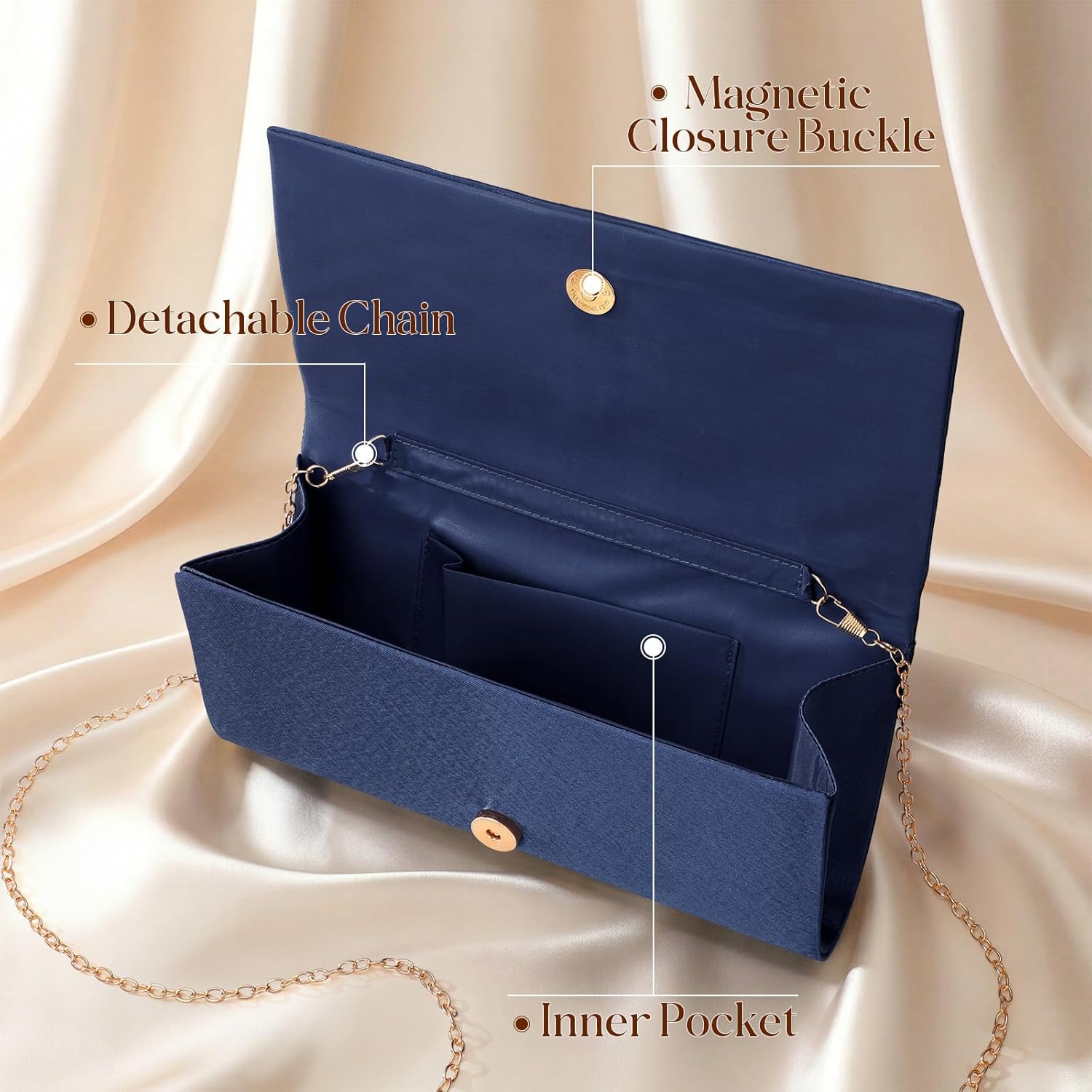 Evening Satin Purse with Detachable Chain Fomal Clutch Women's Evening Handbags