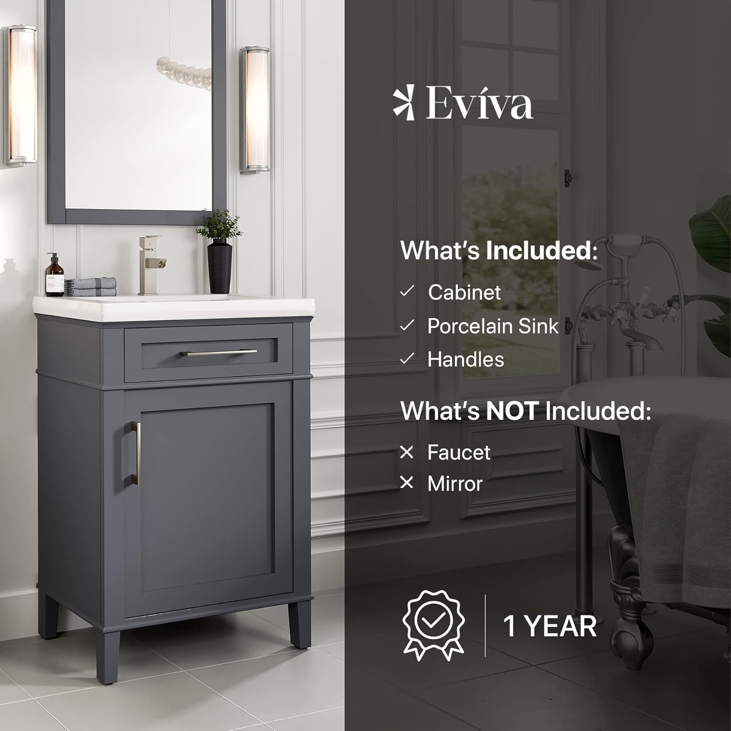 Eviva Garci Dark Gray Small Bathroom Vanity with Sink - Standing Single Sink Bathroom Vanity with Top - Wood Bathroom Sink Cabinet - 24x18 Inch Vanity with Sink