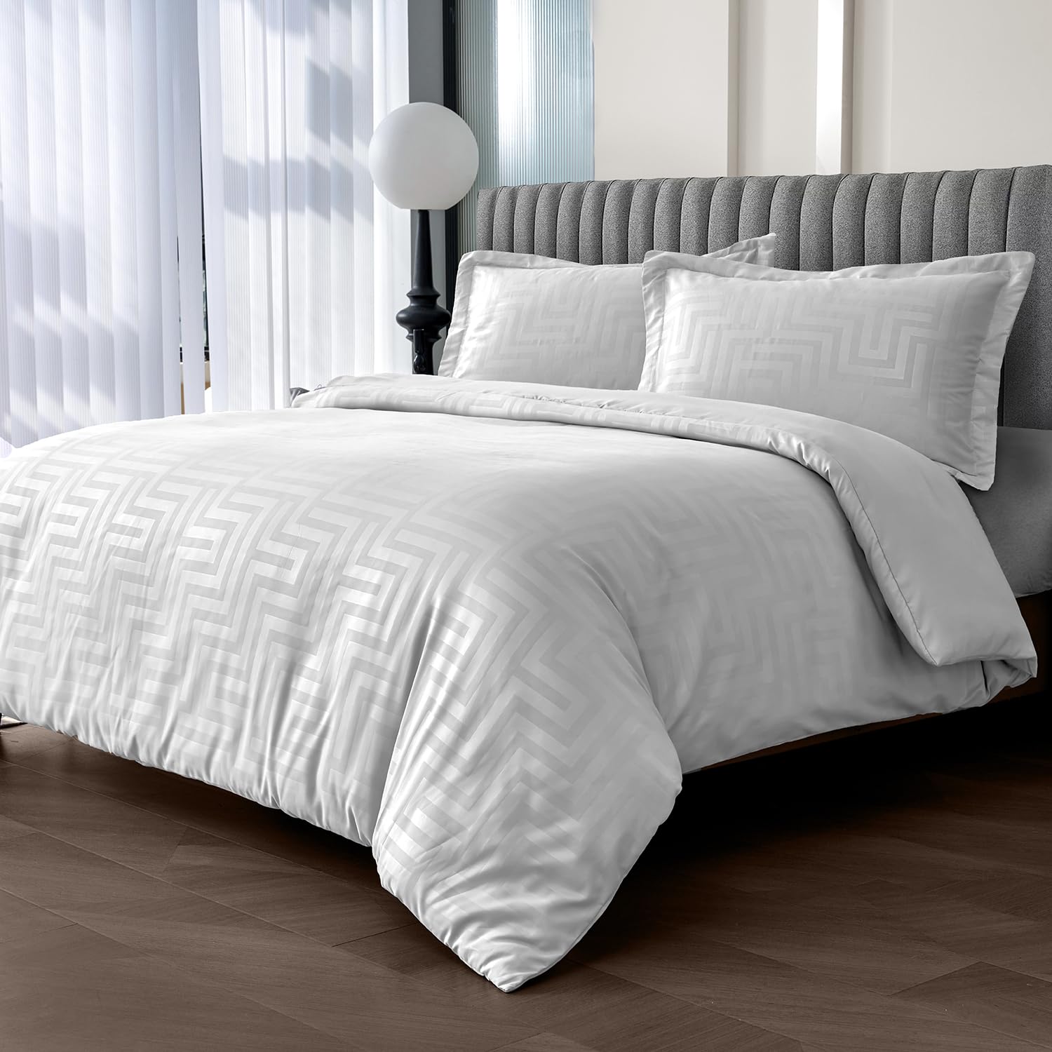 Velosso Sateen Touch Single Bed Duvet Cover Set, Greek Style Scroll Design, Hotel Quality 2 Piece Bedding Set with 1 Oxford Pillowcase, Button Closure (White)