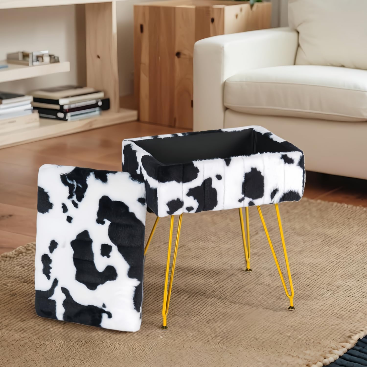 Multifunctional Vanity Stool Chair for Vanity, Padded Seat, Storage Ottoman in Rectangle Fuzzy Fluffy Design, Footrest and 4 Gold Legs for Makeup Room, Bedroom, Living Room, Cow