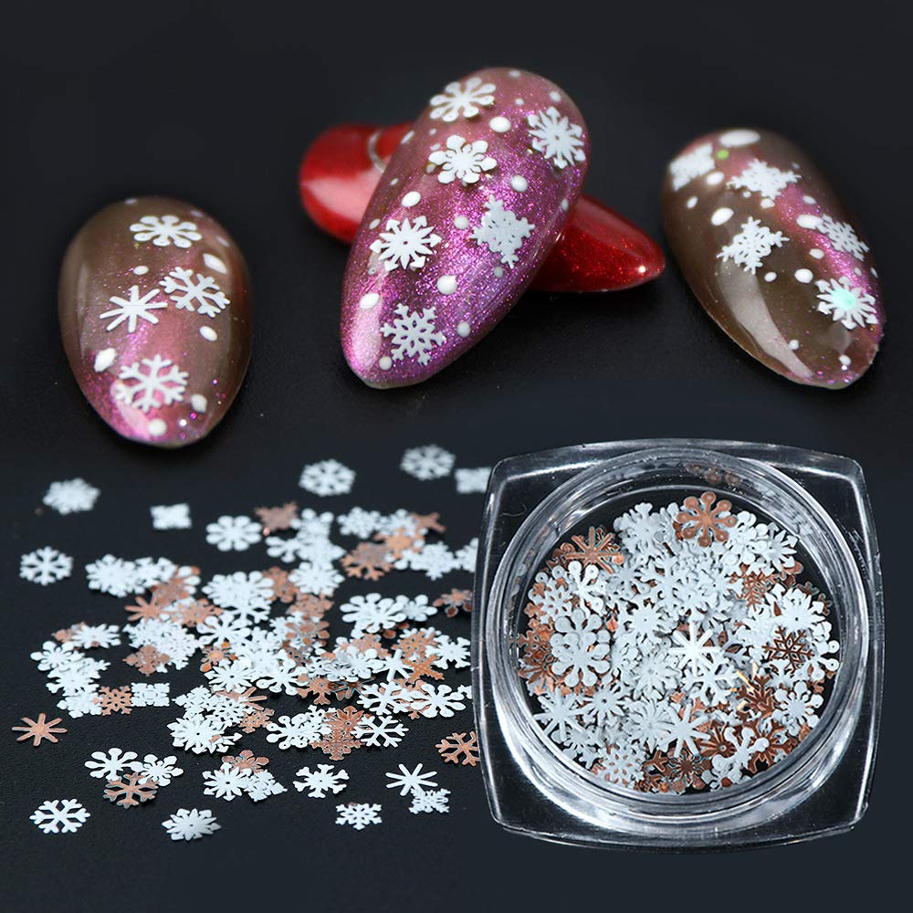 Christmas Nail Sequins Stickers Flakes Nail Art Accessories Manicure 3D Decals Snowflake Metal Paillettes Glitter Gold White Design for Xmas Party Fingernail Toenail Nail Decor(90PCS, 1 Bottle)