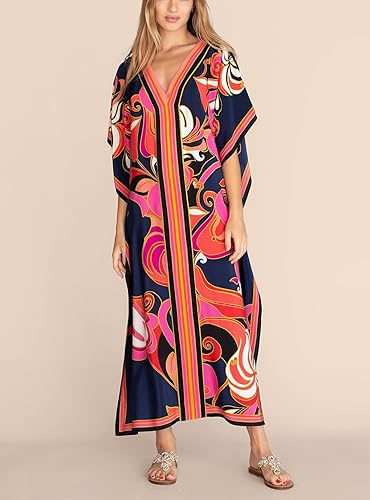Miniatura 4 de Cashew Flower Silk Caftan Women Vneck beach Cover up Caftans Loose Plus Size Floral Print Side Split Kaftan Dresses
