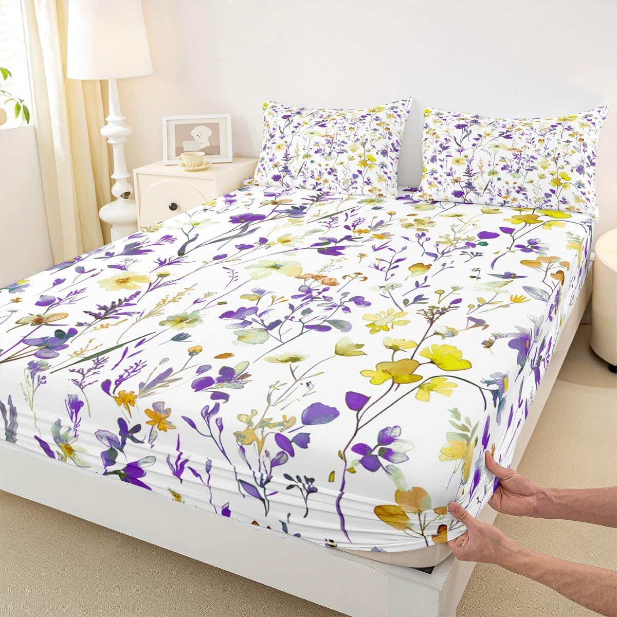 Erosebridal Boho Sheet Set Watercolor Floral Twin Sheets Set for Toddler Boys,Yellow Purple Rustic Flowers Plant Leaves Botanical Fitted Sheet