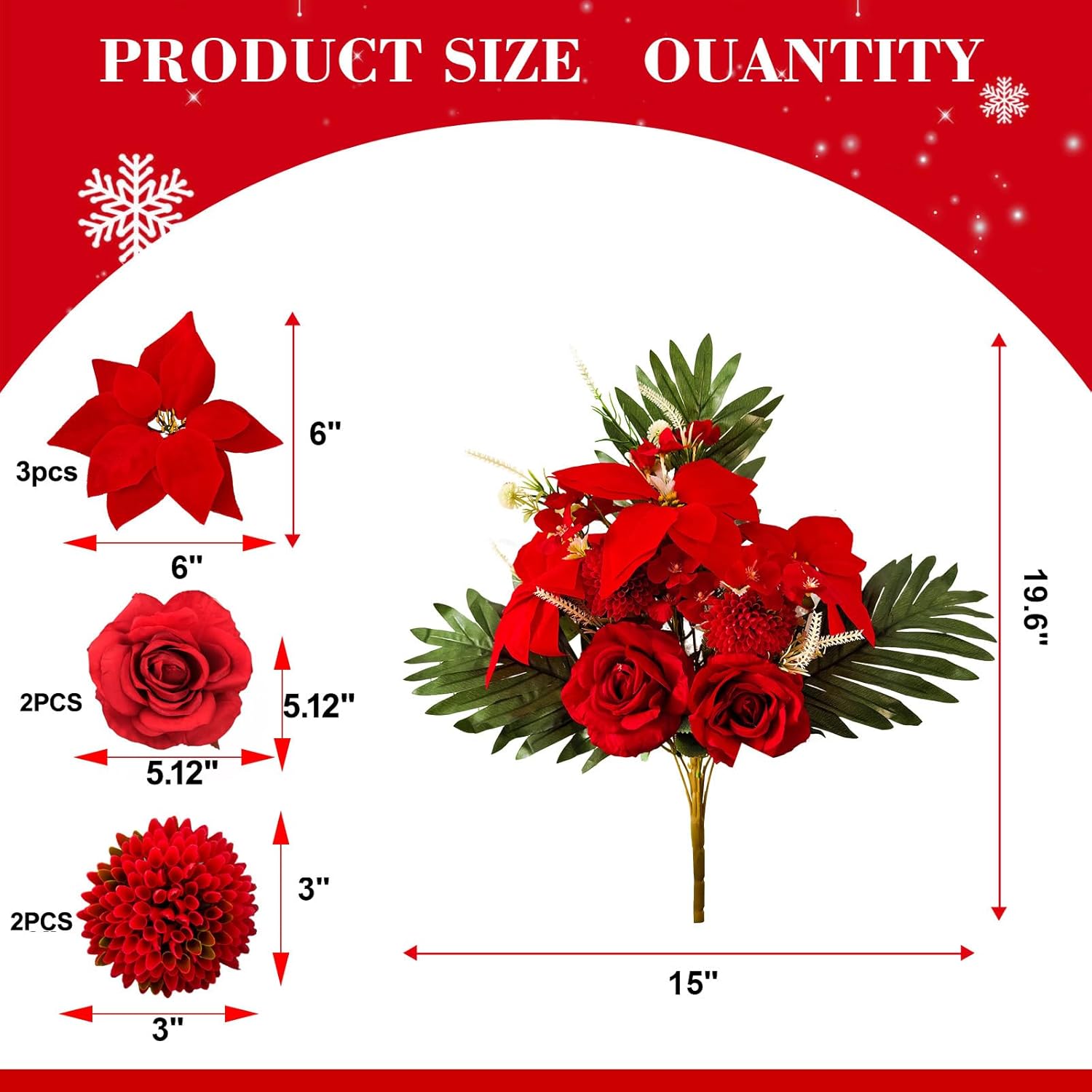 11 Stems Artificial Christmas Flowers Velvet Poinsettia Bouquet Mixed with Rose Mum Wildflowers for Xmas Party Holiday Flower Arrangements Wedding Decoration