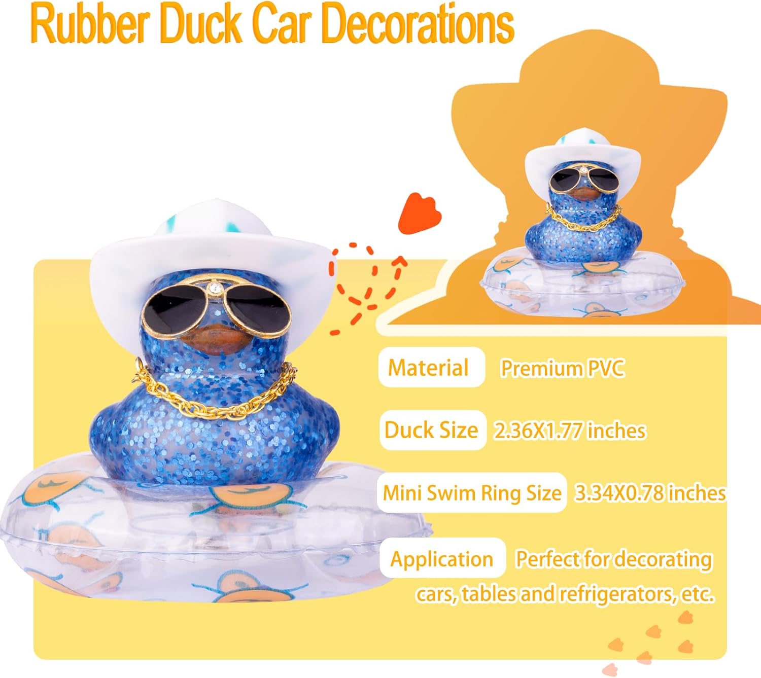 Car Rubber Duck Blue Duck Car Ornaments Unique Duck Car Dashboard Decorations with Mini Hat Sunglasses Necklace and Swimming Ring(B7)