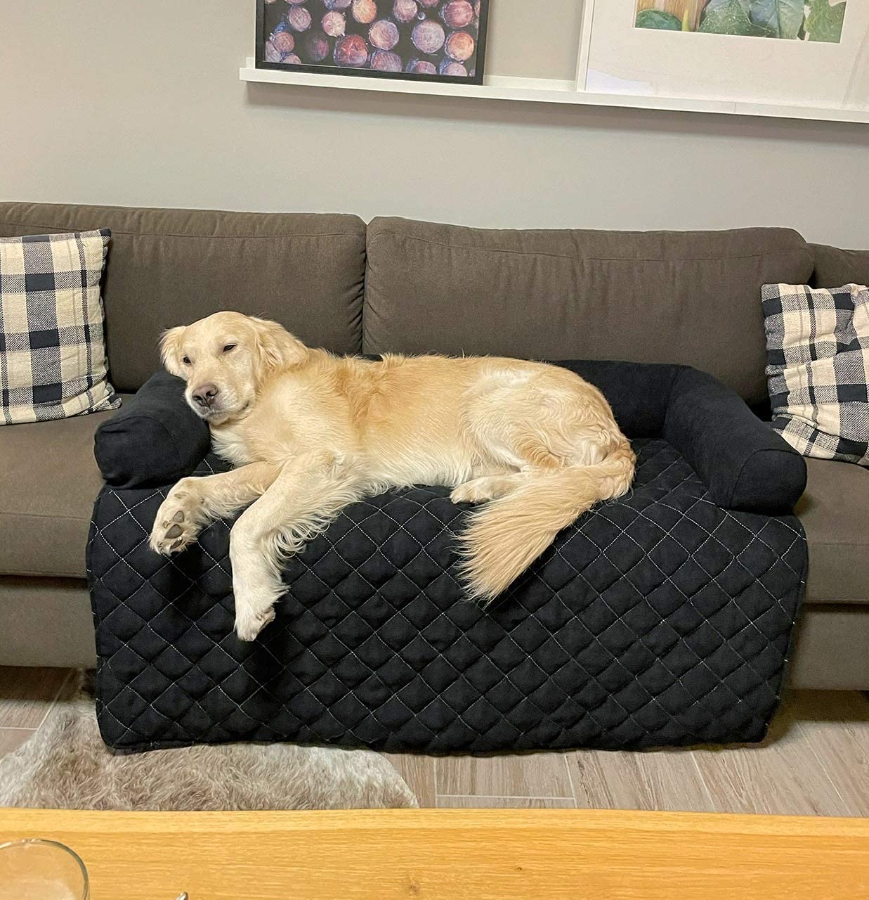 Lous Sofaschutz Hund – Hundedecke Sofa Hundebett Couch – Handgefertigte Hundematte mit Rand – Waschbar bis 90 Grad und besonders kuschlig – Größe: L ca. 90x90x13cm (Schwarz)