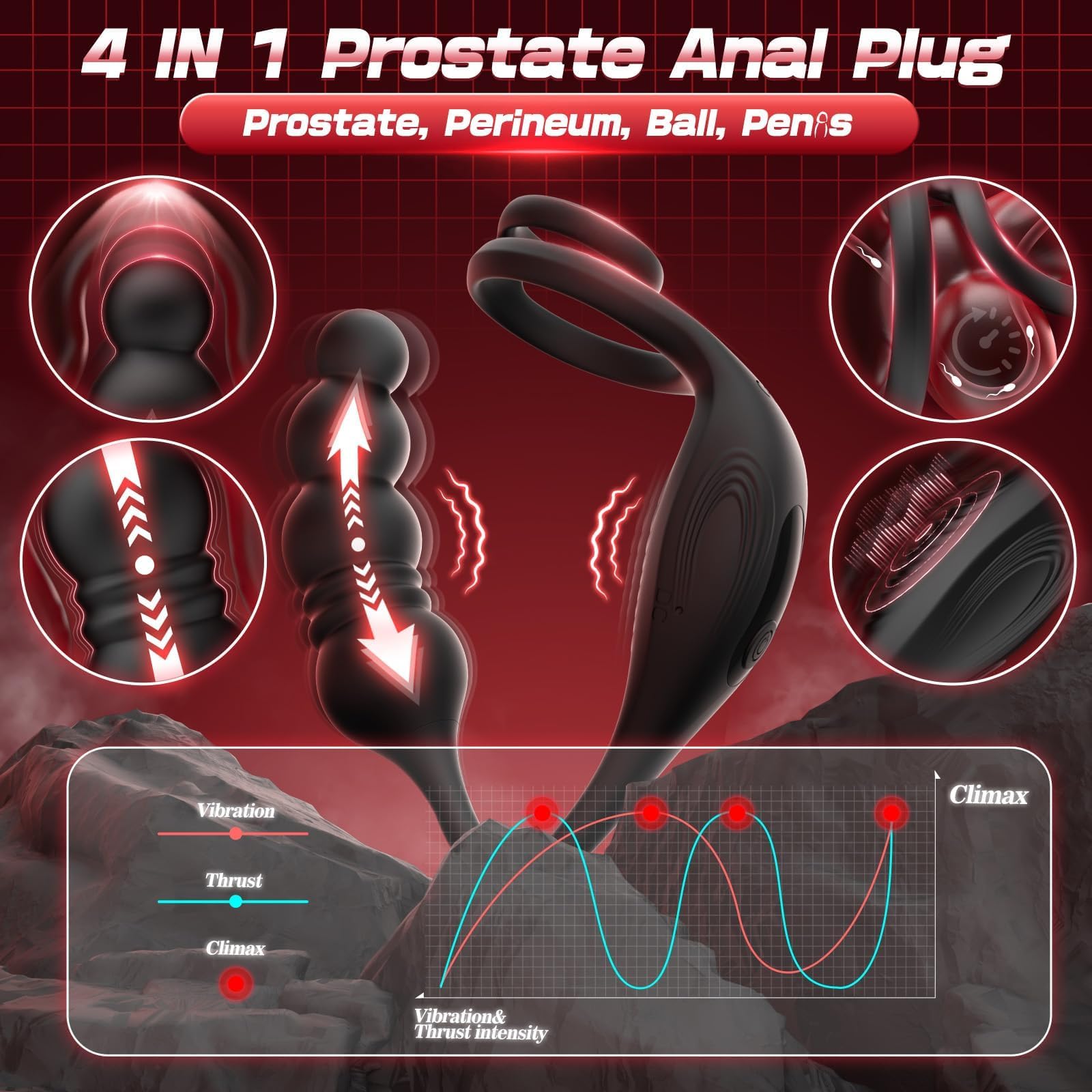 Anillo vibrador para el pene con masajeador de próstata, tapón anal,vibrador de próstata,juguetes para adultos,juguetes anales, tapón anal vibrador con control remoto por,10modos de vibración