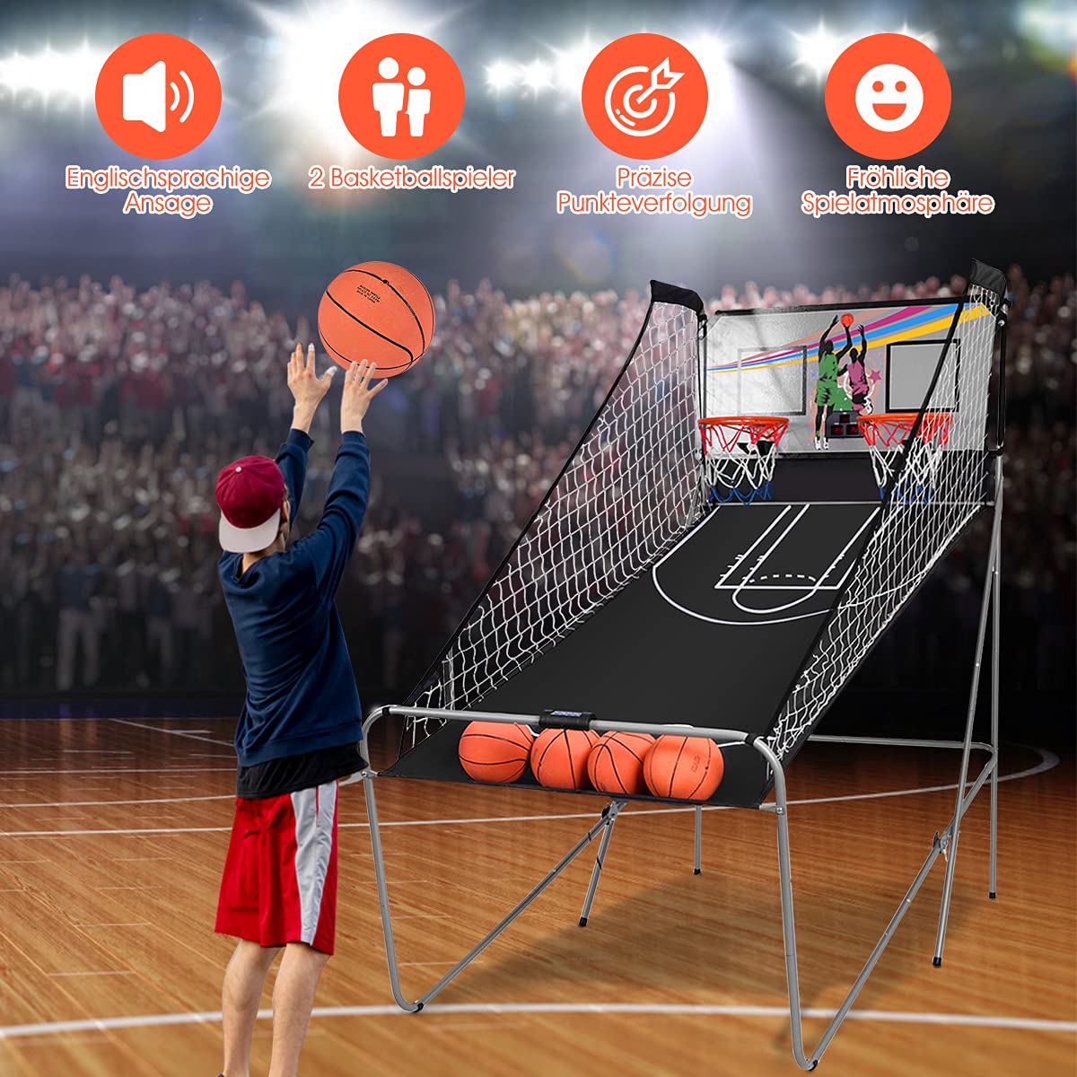 RELAX4LIFE Basketballständer Doppelschuss, Basketball Automat klappbar, Basketball-Arcade-Spiel 8 Spieloptionen für 2 Spieler, Schießmaschine mit 4 Bällen & Pumpe, Elektronische Bewertung mit LED