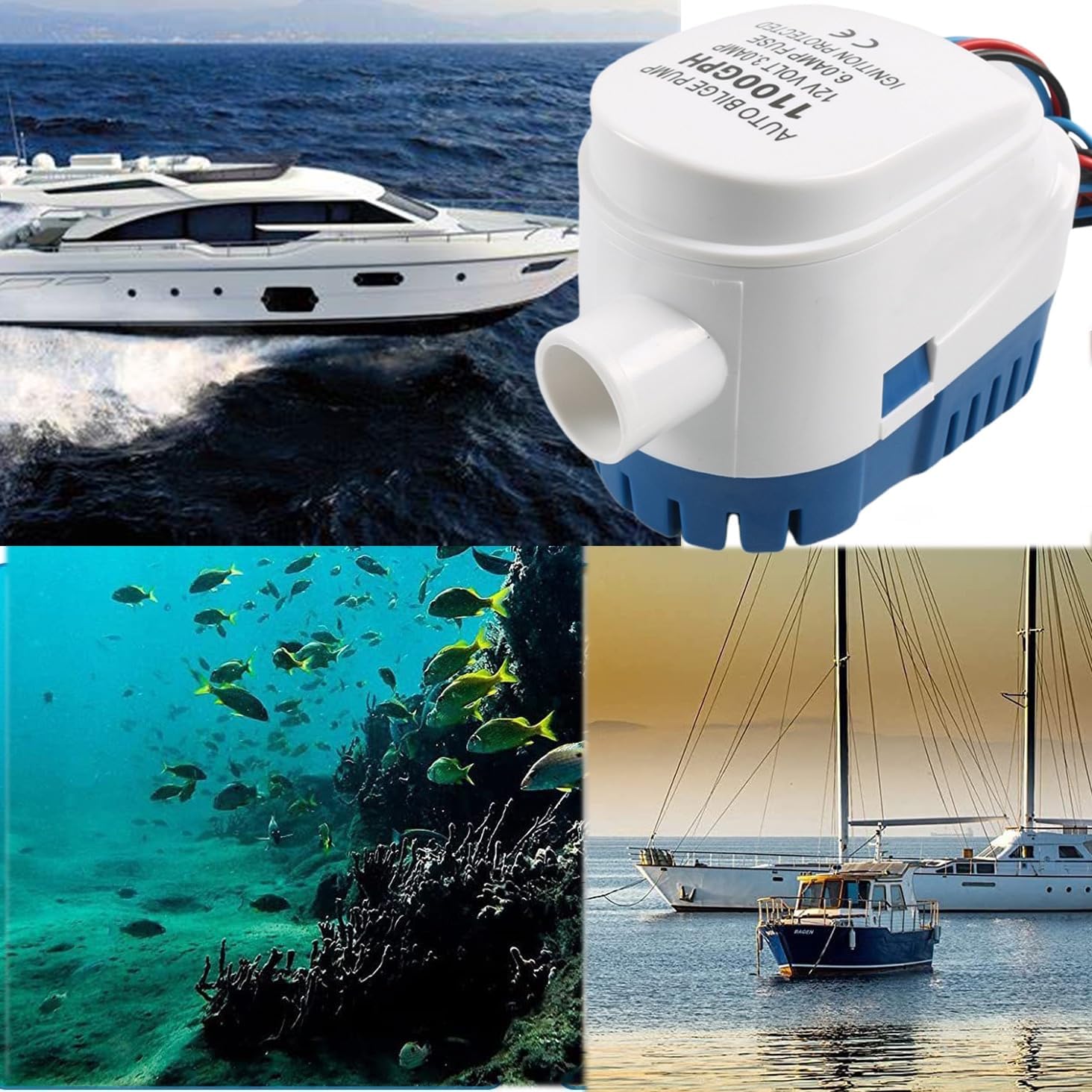 1100GPH Boat Automatic Bilge Pump, 12V 24V 3-Way Bilge Pump Switch Panel with Built-in Circuit Breaker, Float Switch & Complete Installation Kit for Motorboat Fishing Boats Accessories