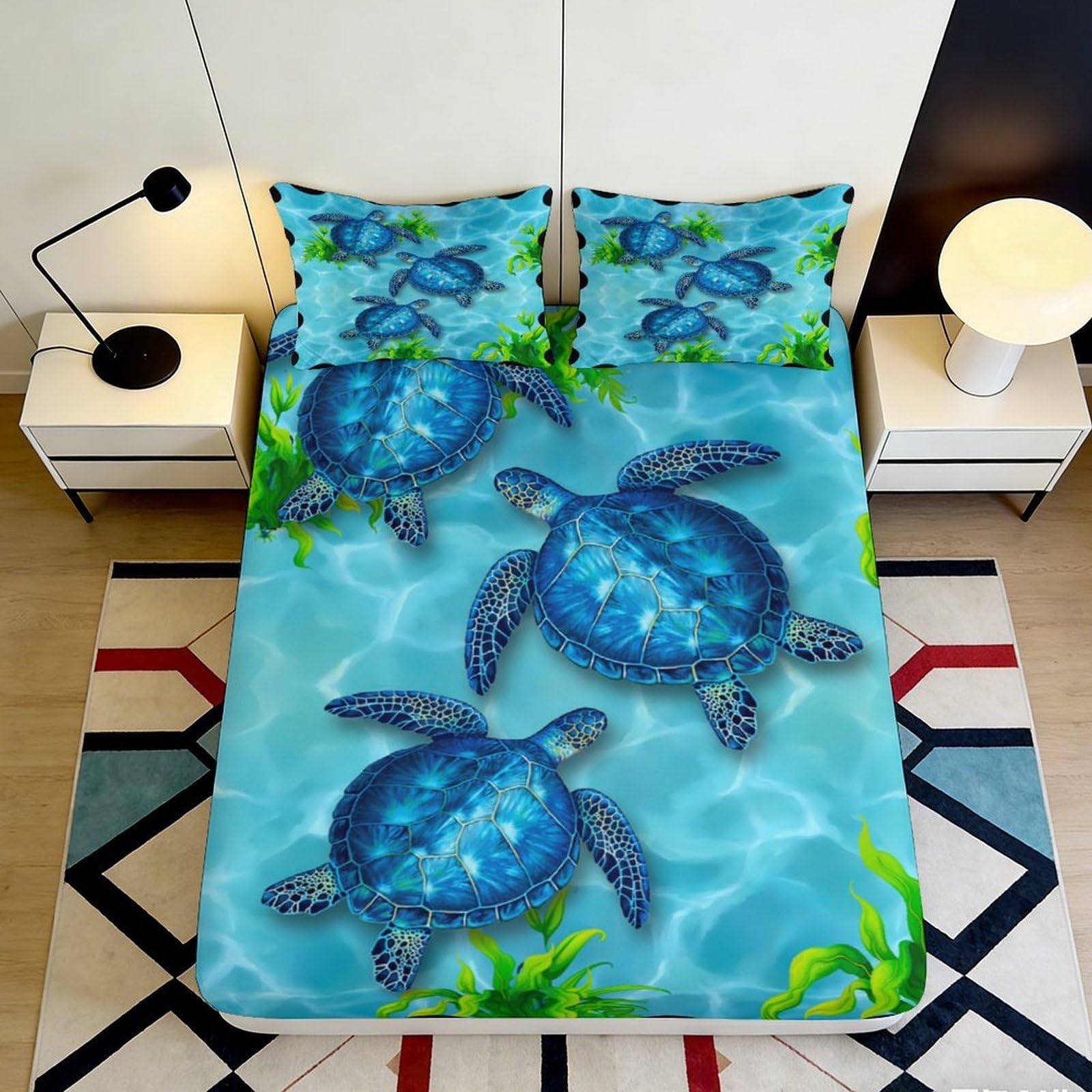 3D Printed Sea Turtle Fitted Sheet Microfiber Deep Pocket Non-Slip Bedding Sea Turtle Mattress Fitted Cover Washable Adult Teen 200x200x25cm