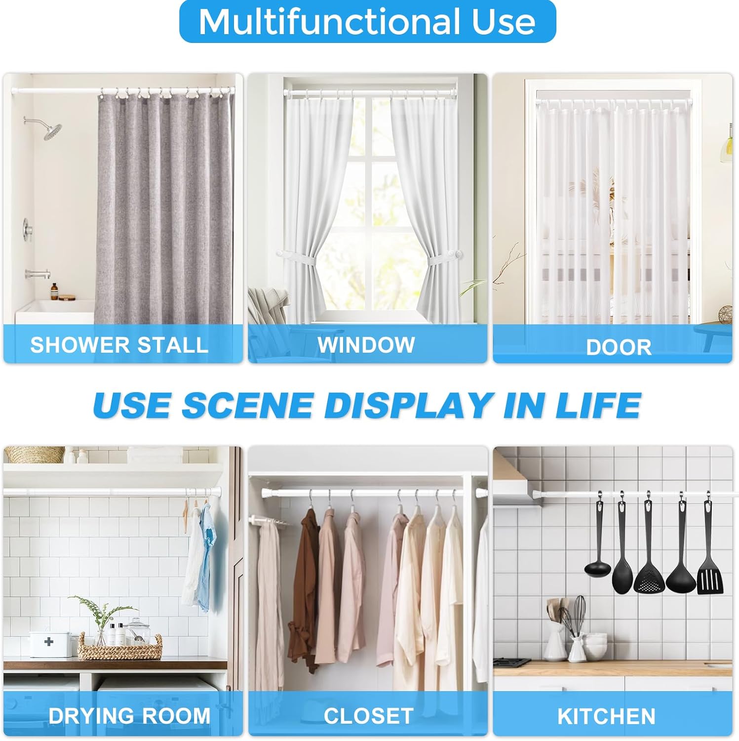 2 Pack Adjustable Tension Curtain Rod 30 to 64 inches, Curtain Rod for Windows Tension Rod No Drill, Spring Tension Curtain Rod for Window, Bathroom, Doorway, White