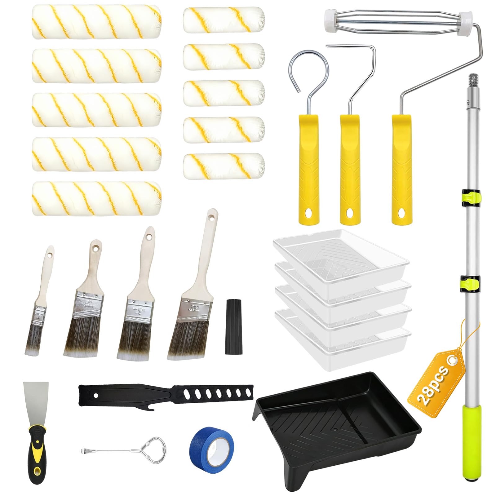 28-Piece Paint Roller Set, Paint Rollers and Trays Sets with Extension Pole, Roller Sets for Painting Walls, Ceiling, Doors – Home Painting Kit