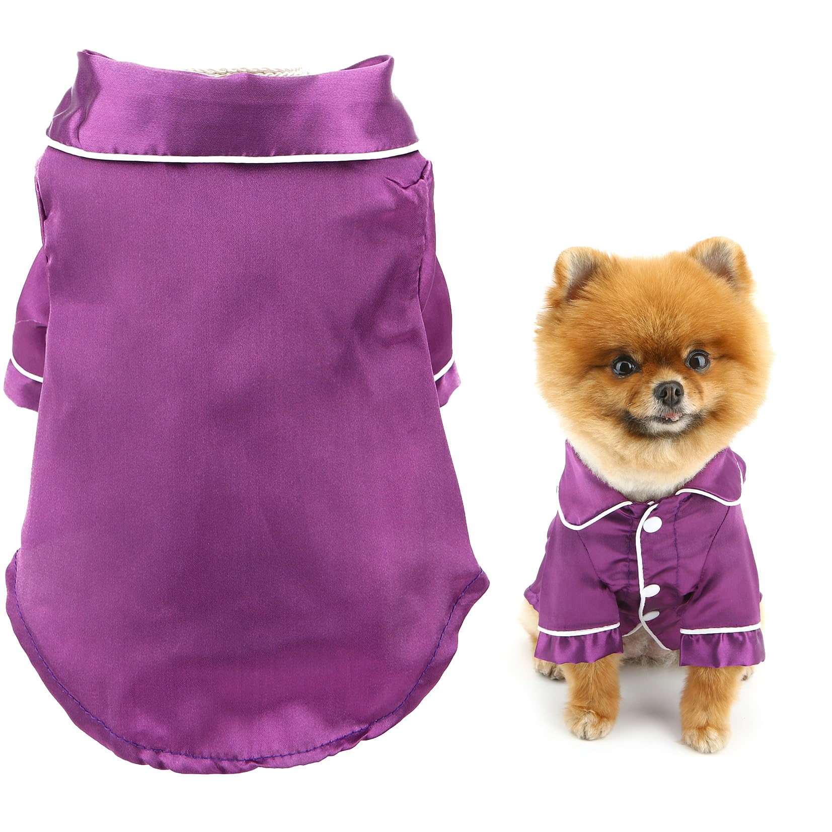 SMALLLEE_LUCKY_STORE Solid Dog Pyjamas for Small Medium Dogs Cats Soft Faux Silk Pet Sleepwear Shirts Comfortable Lapel Pjs Loungewear Pajamas Bulldog Chihuahua Yorkie Two-Legged Outfit, Purple, XXL — image 1