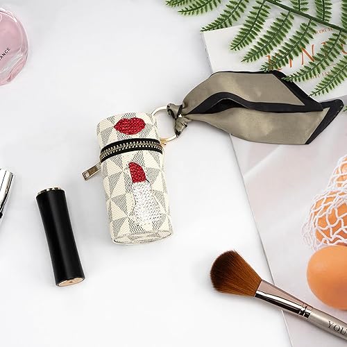 Miniatura 5 de Adorila Estuche de lápiz labial, mini bolsa de cuero para brillo de labios con llavero, organizador portátil de lápiz labial para monedero y esmalte