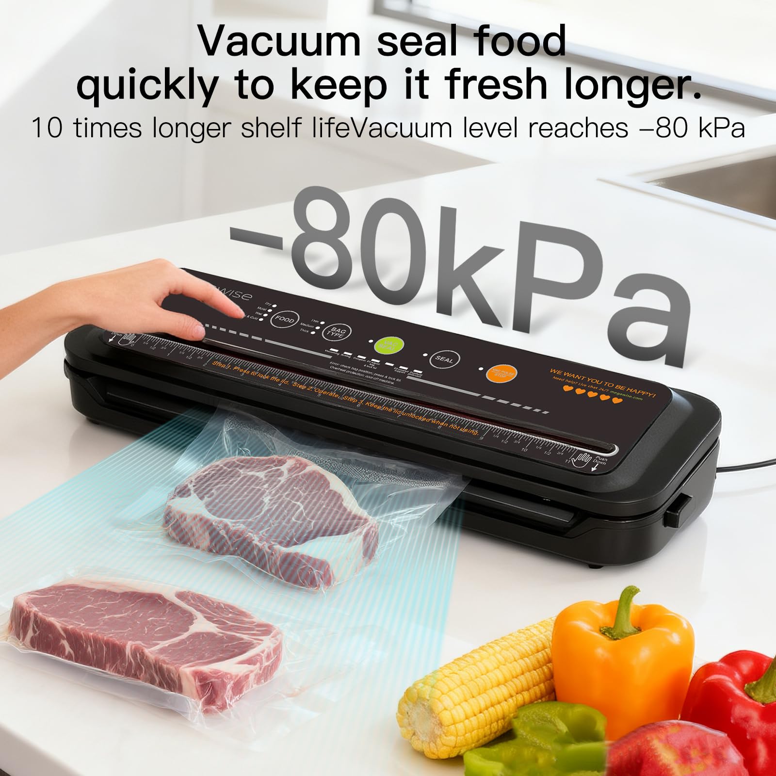 Sigillatrice sottovuoto MegaWise – Modello 2025, aspirazione 80 kPa, sigillatura One-Touch, taglierina integrata, design compatto, sacchetti inclusi (nero)