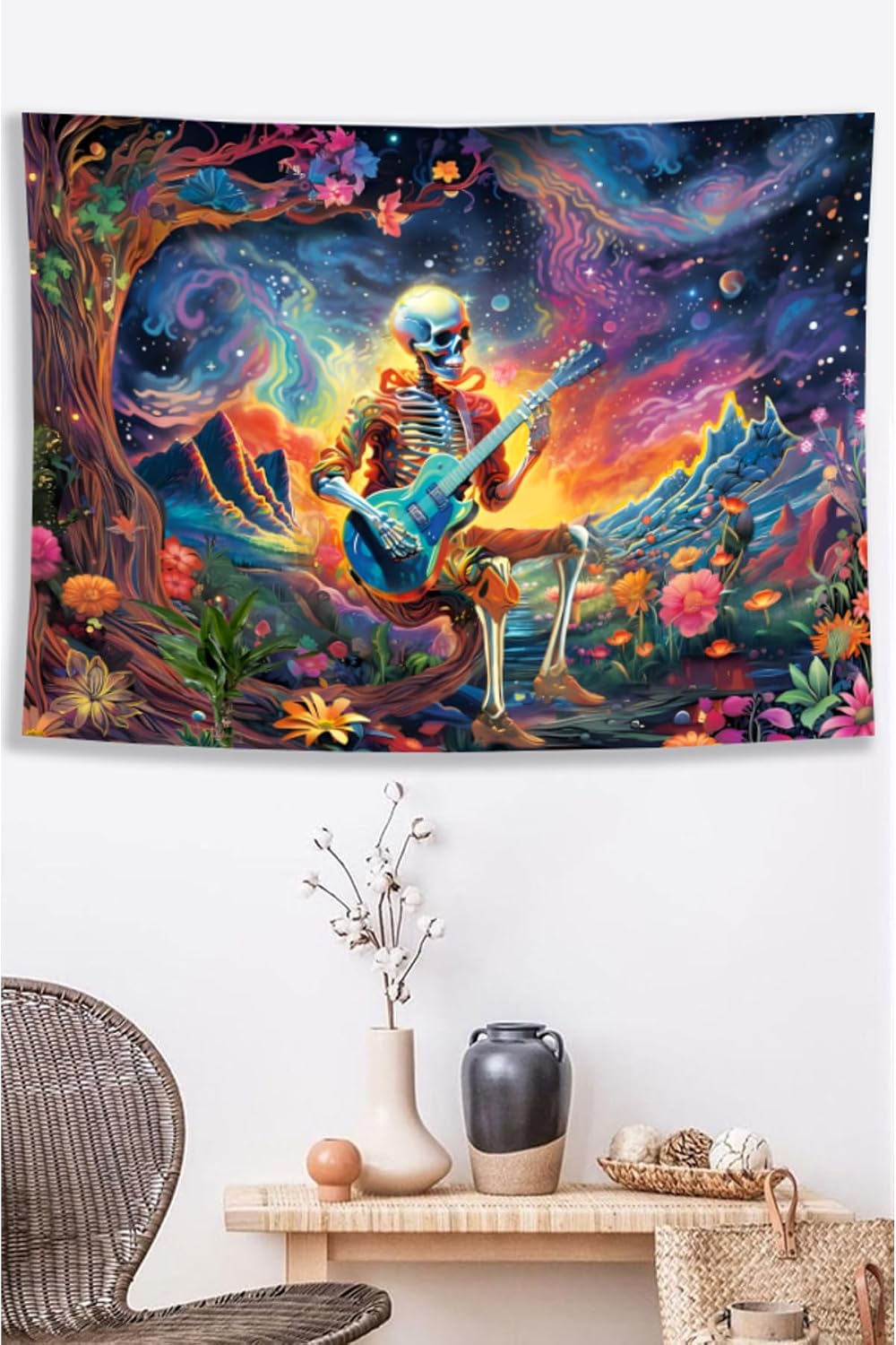 SODEF Guitar Playing Skeleton Tapestry Wall Hanging 31.5 x 39.4 inches Ranforce Fabric for Home Decor Living Room Dorm Office Wall Art - Multicolor, 28x20 inch