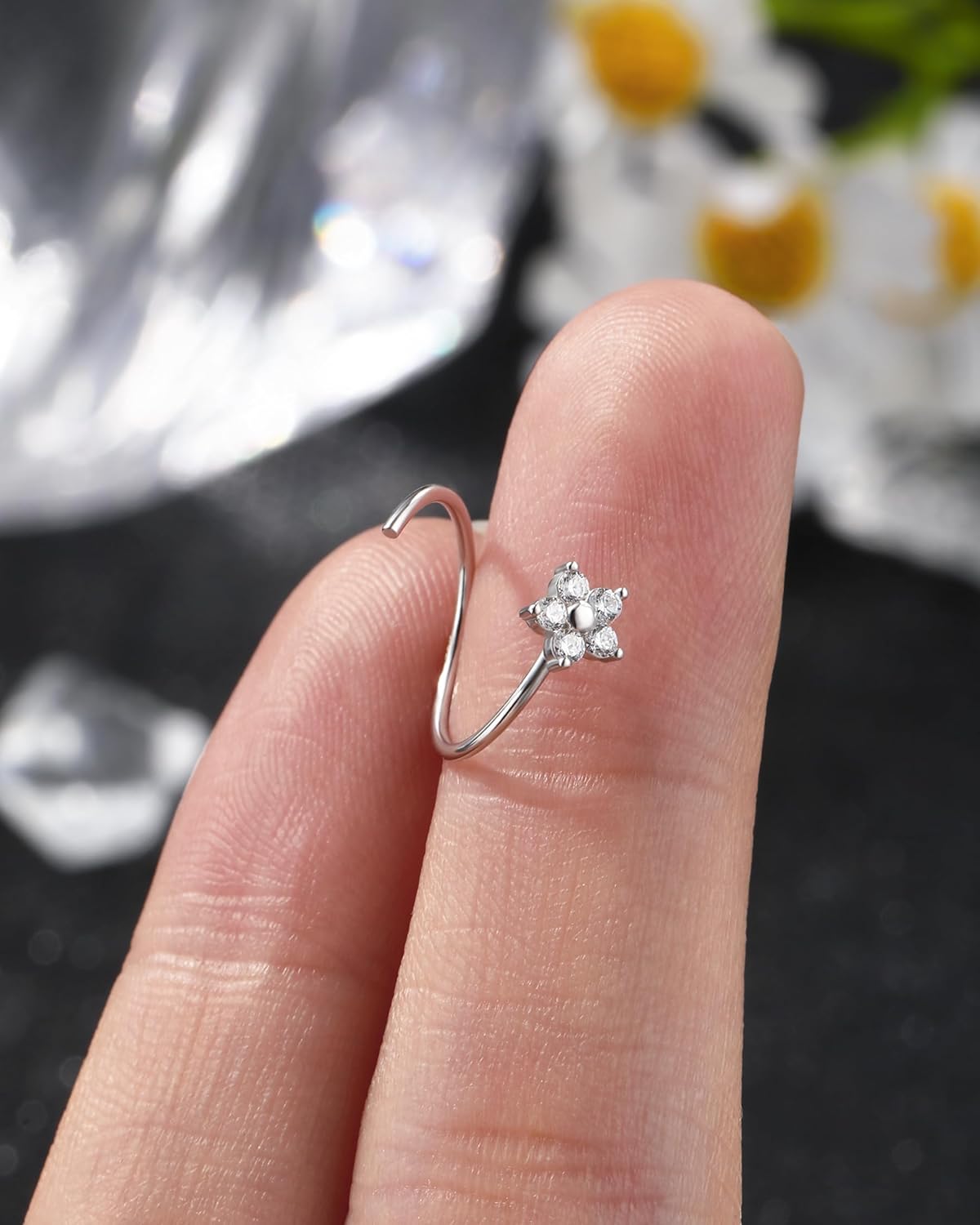 Jewseen 925 Sterling Silver Nose Rings Hoops 20g 14K White Gold Plated Nose Ring for Women Flower Nose Piercing Jewelry Sterling Silver Notril Hoop - Image 5