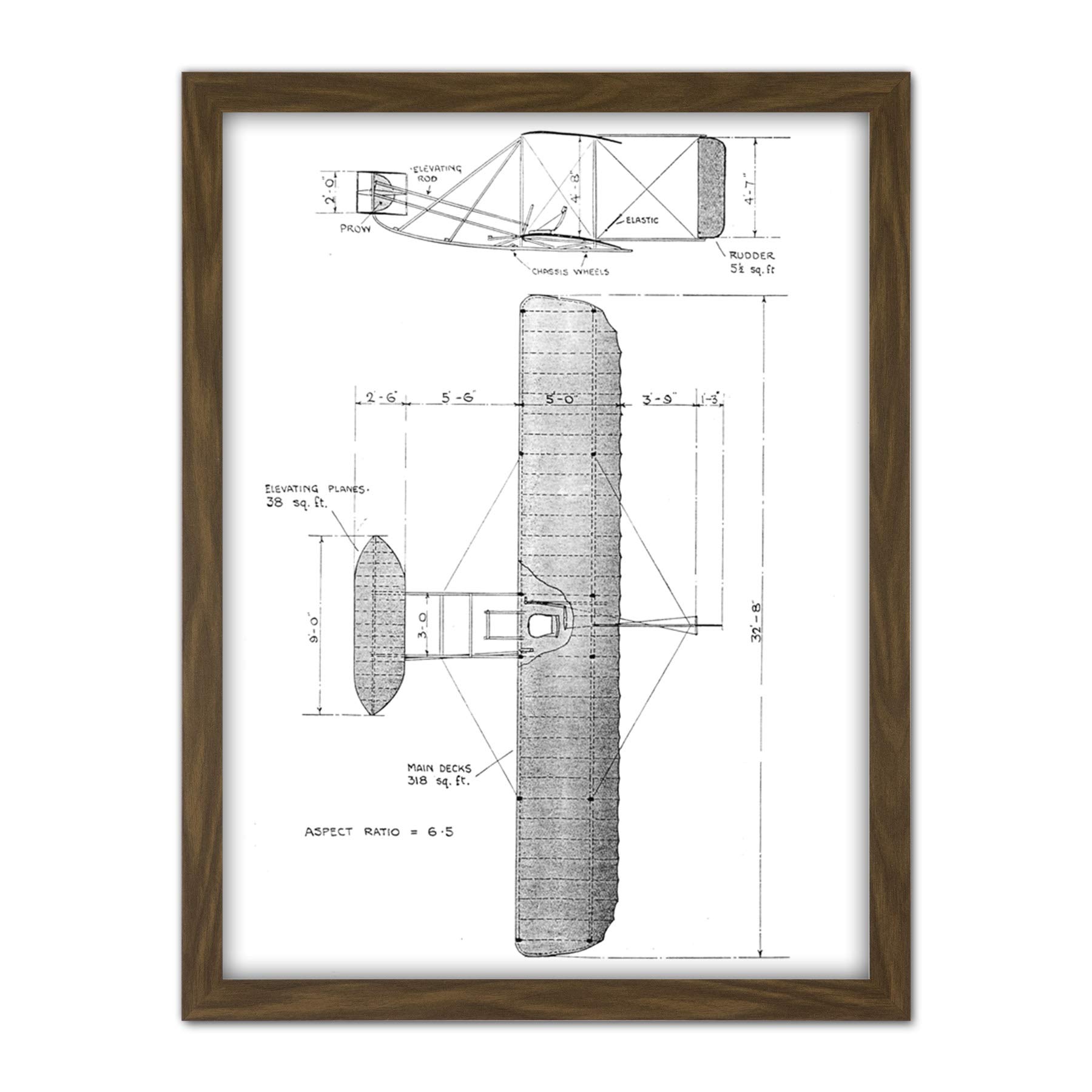 Artery8 Wright Brothers Glider Technical 1909 Drawing Artwork Framed Wall Art Print 18X24 Inch