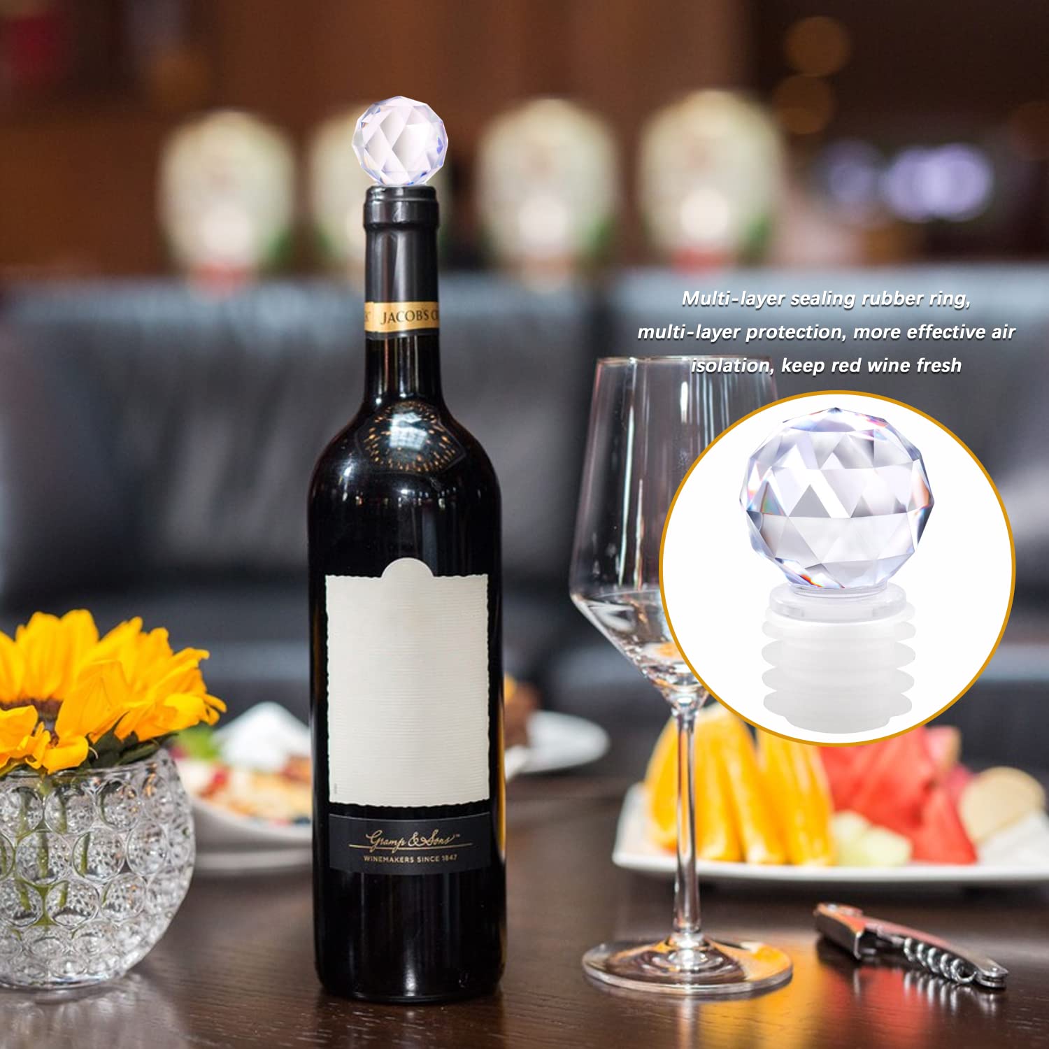 10 tapones de botella únicos decorativos con bola de cristal, mini tapón de botella de vidrio acrílico transparente con silicona hermética para vino, bebidas, refrescos, champán, licores, aceites