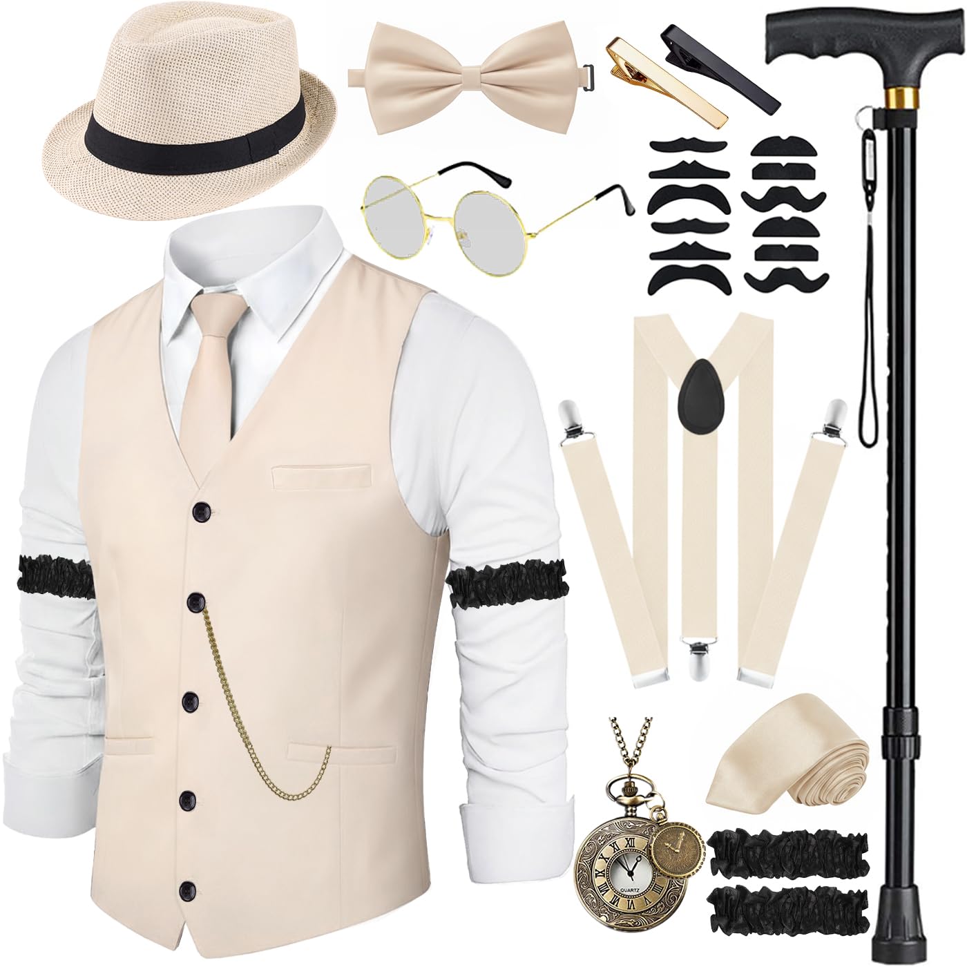 WILDPARTY 20s Costume Men's Vest with Accessories Braces, Crutch Pocket Watch Beard Beret Glasses Tie Clip for Mafia Costume 1920s Gangster Peaky Blinders Carnival Halloween Theme Party