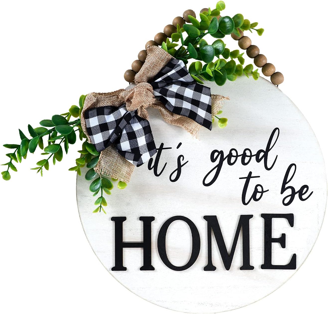 Qmpro Welcome Sign Front Door Decor 3 D Lettering Porch Decor Wreath Farmhouse Wood Home Sign with Artificial Leaves and Rustic Beads Decoration for All The Seasons 12"x12" White