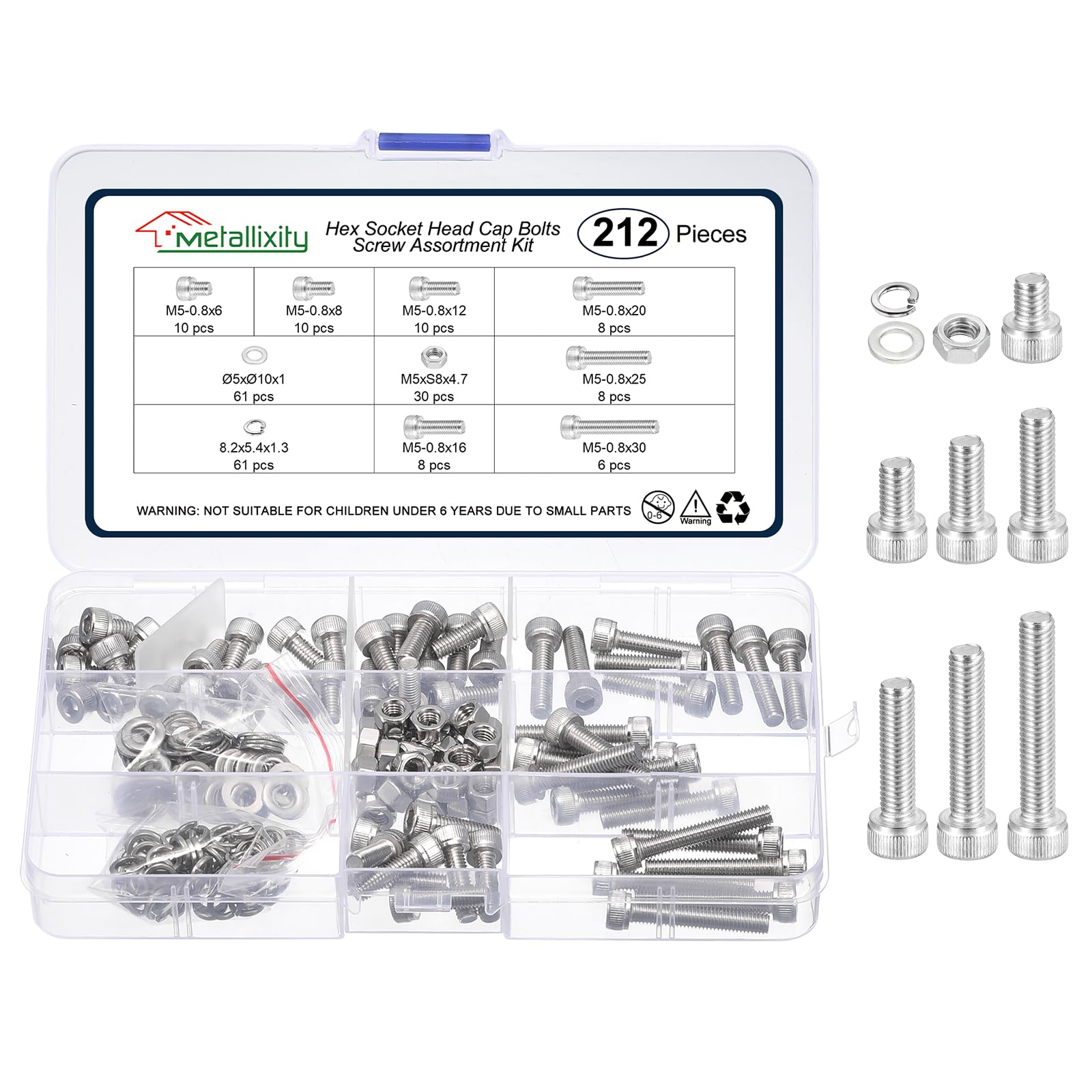METALLIXITY Socket Head Cap Screws Kit (M5x6/8/12/16/20/25/30) 212Pcs, Stainless Steel Allen Socket Drive - Machine Internal Hex Screw, Silver — image 1