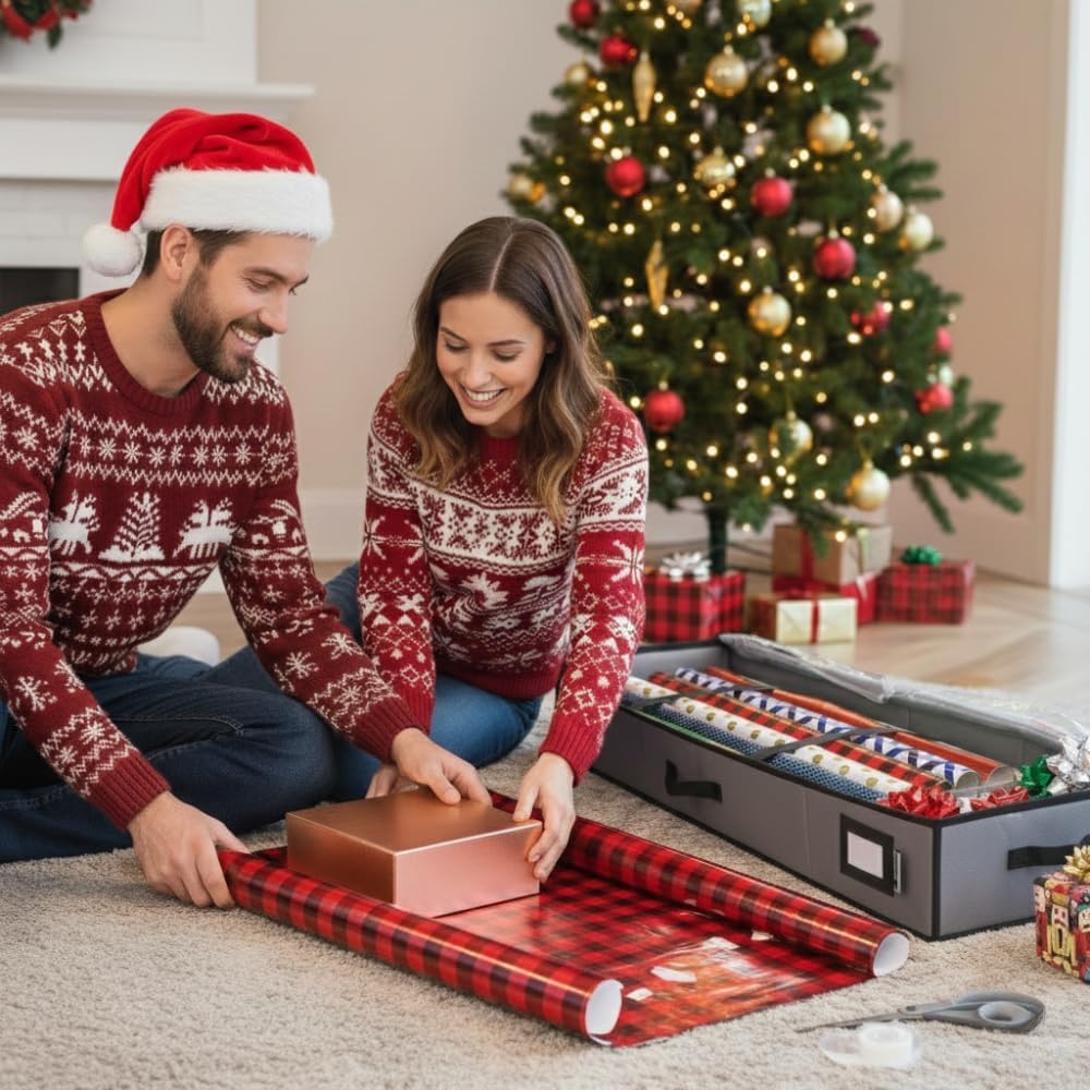 HOLDN’ STORAGE Premium Wrapping Paper Storage Container - Durable 600D Tear-Proof, Fits 27 Rolls Gift Wrap, Extra Pockets for Ribbons & Bows, Underbed Storage - Ideal for Holiday Christmas, Gray - Image 2