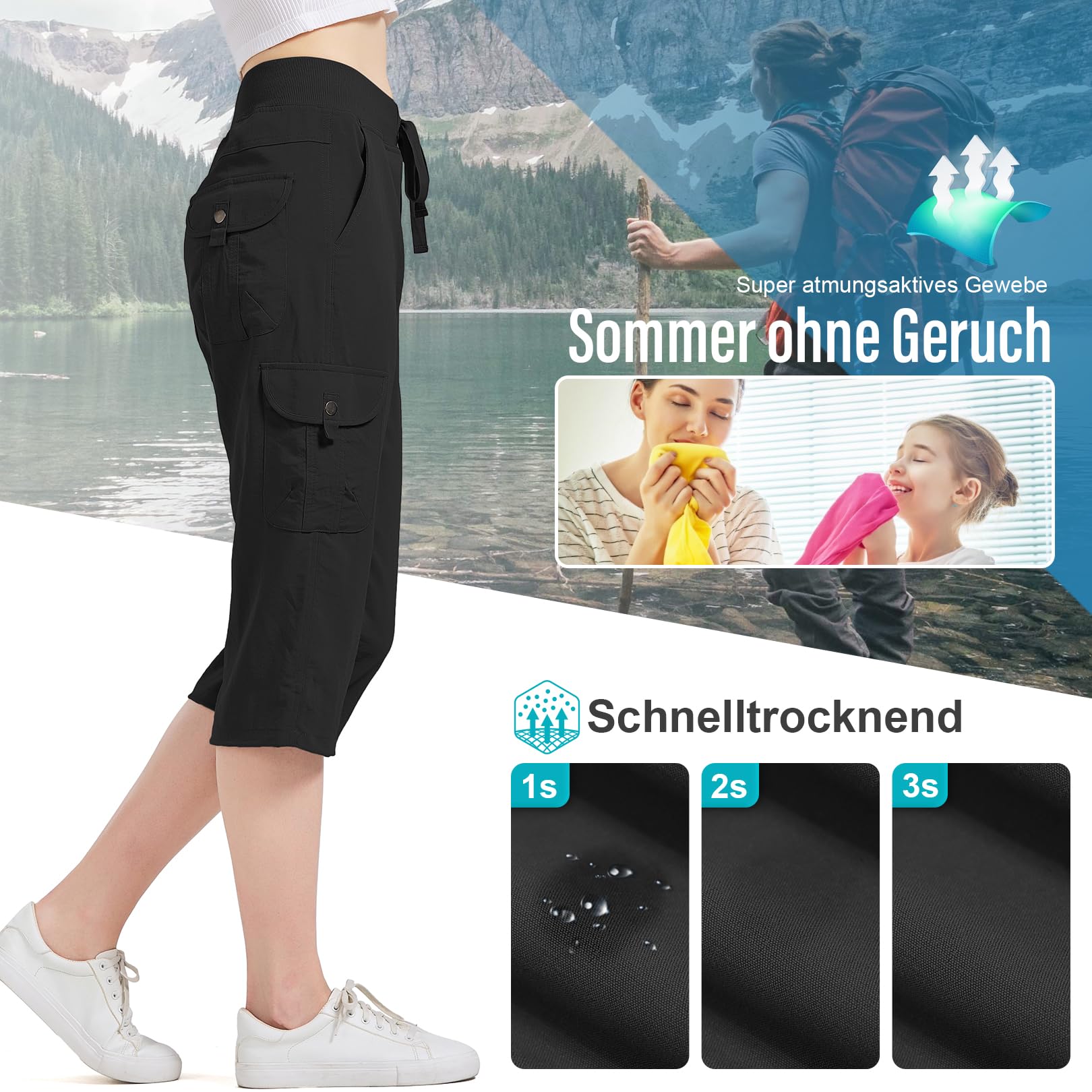 Pantaloni da donna estivi a 3/4 da donna, pantaloni estivi, pantaloni da jogging all'aperto, pantaloni sportivi per viaggi e escursioni, con 6 tasche