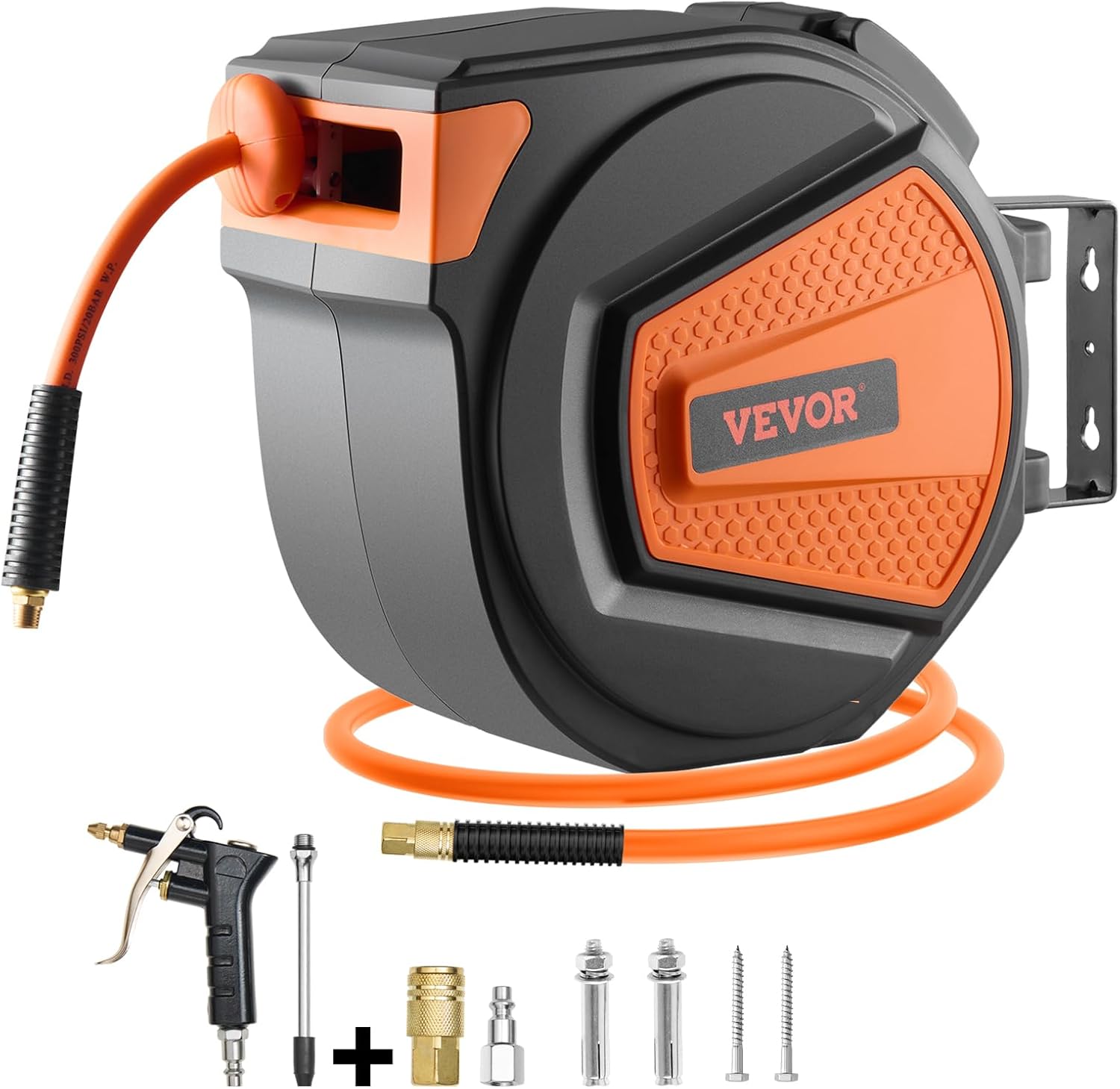 VEVOR Retractable Air Hose Reel, 3/8IN x 65FT Hybrid Air Hose Max 300PSI, Air Compressor Hose Reel Auto-Rewind with 6.6 FT Lead in, Ceiling/Wall Mount Enclosed PP Reel & Built-in 180° Swivel Bracket 3/8IN x 65FT Enclosed Reel