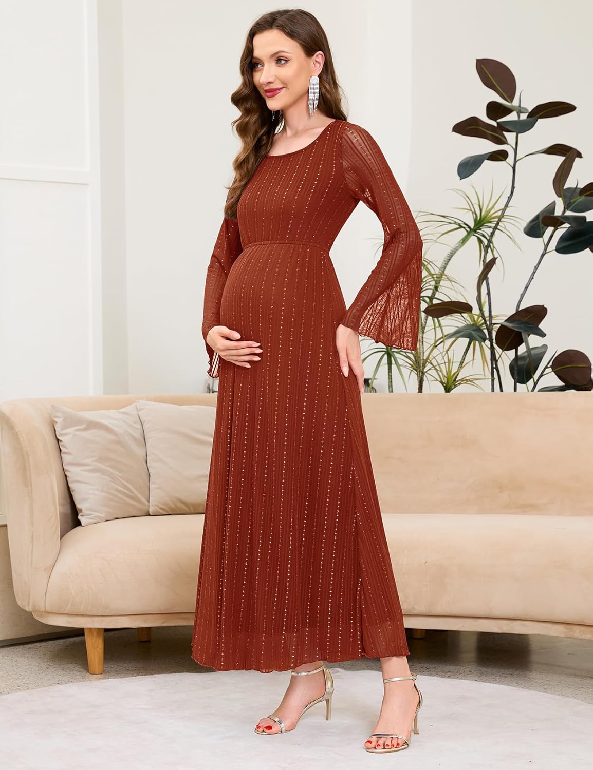 AISWI Maternity Sparkly Mesh Dress Bell Long Sleeve Round Neck A Line Flowy Pregnancy Dresses Baby Shower Semi Formal