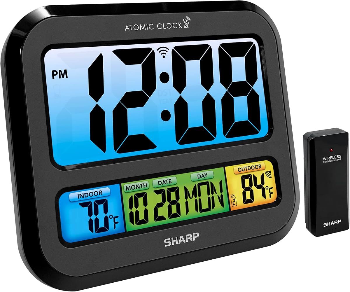 Atomic Digital Clock, 3" Color Display, Indoor/Outdoor Temp Sensor | Automatic DST, calendar, weekday, 3-step dimmer, wall mount, tabletop stand, AC or battery power, 5-sec backlight