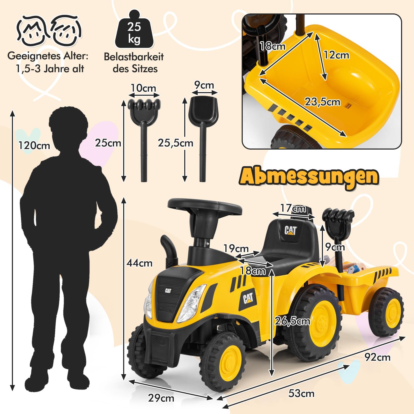 FANTASK Traktor z szuflą i zdejmowanym grabieniem, samochód z przyczepą klaksonem, pojazd ślizgowy z dźwiękiem silnika i lampkami LED dla dzieci od 1 roku życia