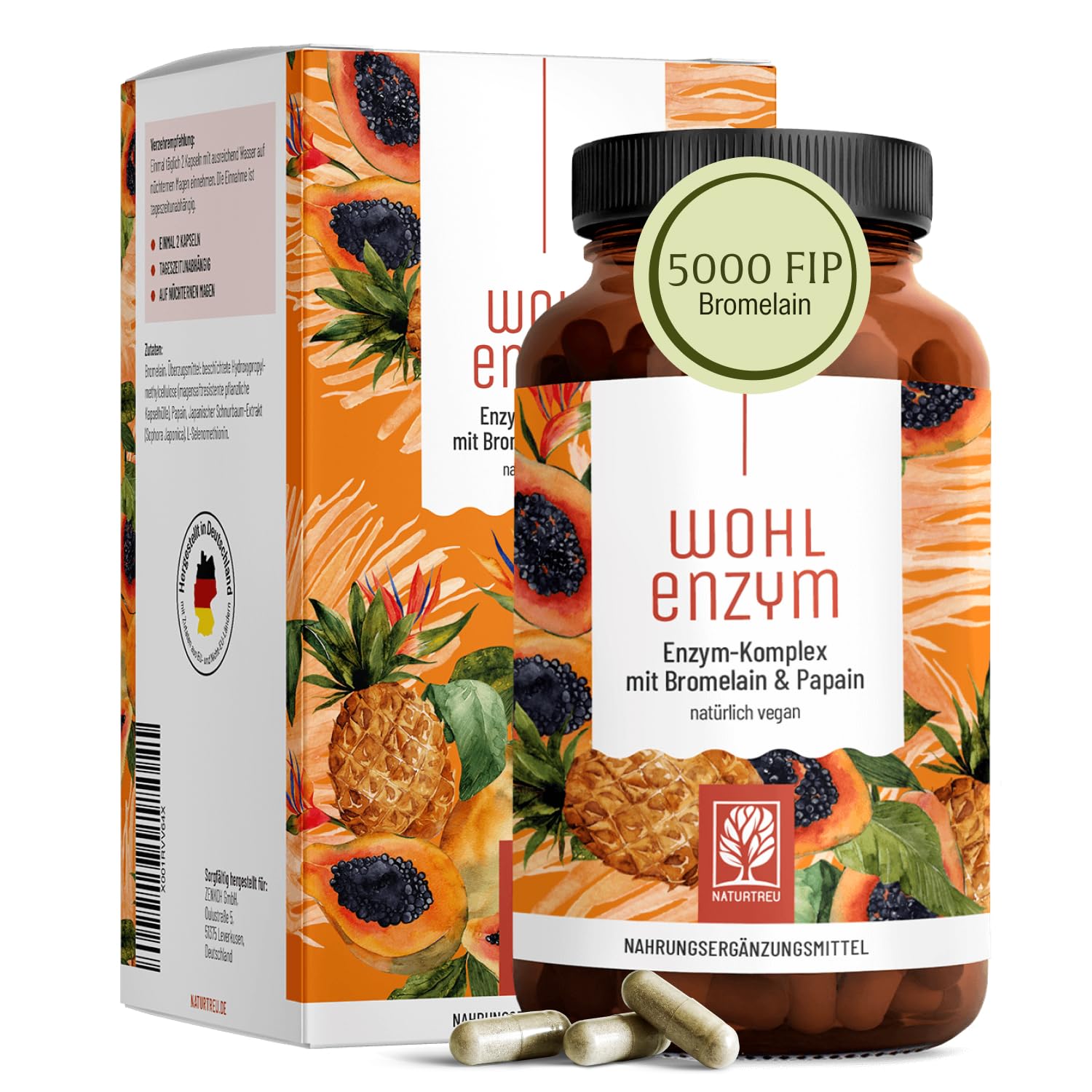 NATURTREU® Enzym Komplex mit 801mg Bromelain (5000 F.I.P), Papain, Rutin und Selen - Ananas & Papaya Enzym vegan - Immunsystem* Unterstützung - Magensaftresistente Kapseln