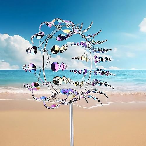 Miniatura 2 de Molino de viento metálico único y mágico, 2 hilanderos de viento, escultura cinética alimentada por viento 3D, molinos de viento de acero