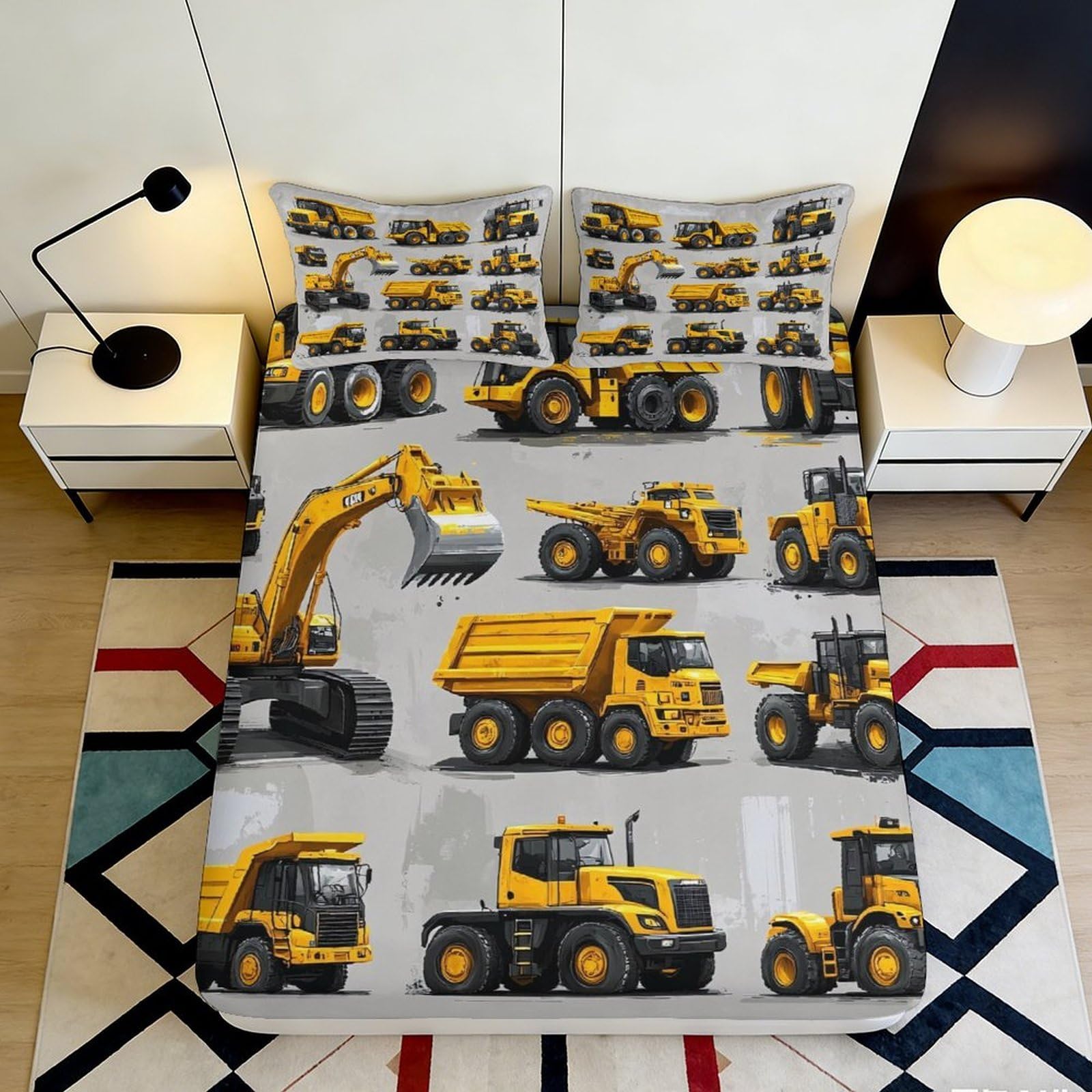 3D Printed Construction Vehicles Fitted Sheet Microfiber Soft Yellow Excavator Bed Cover for Bedroom Dorm Decor 90x200x25cm