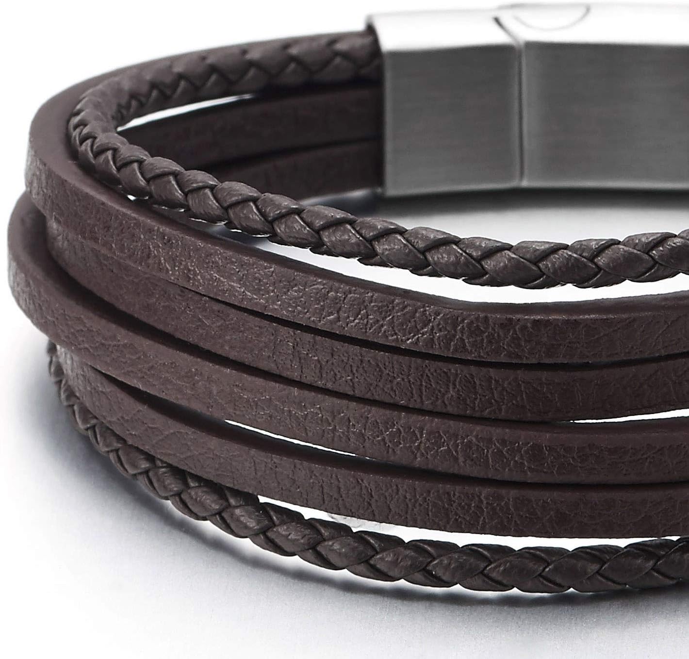COOLSTEELANDBEYOND Mens Womens Multi-Strand Brown Braided Leather Bracelet Wristband with Steel Magnetic Clasp - Image 3